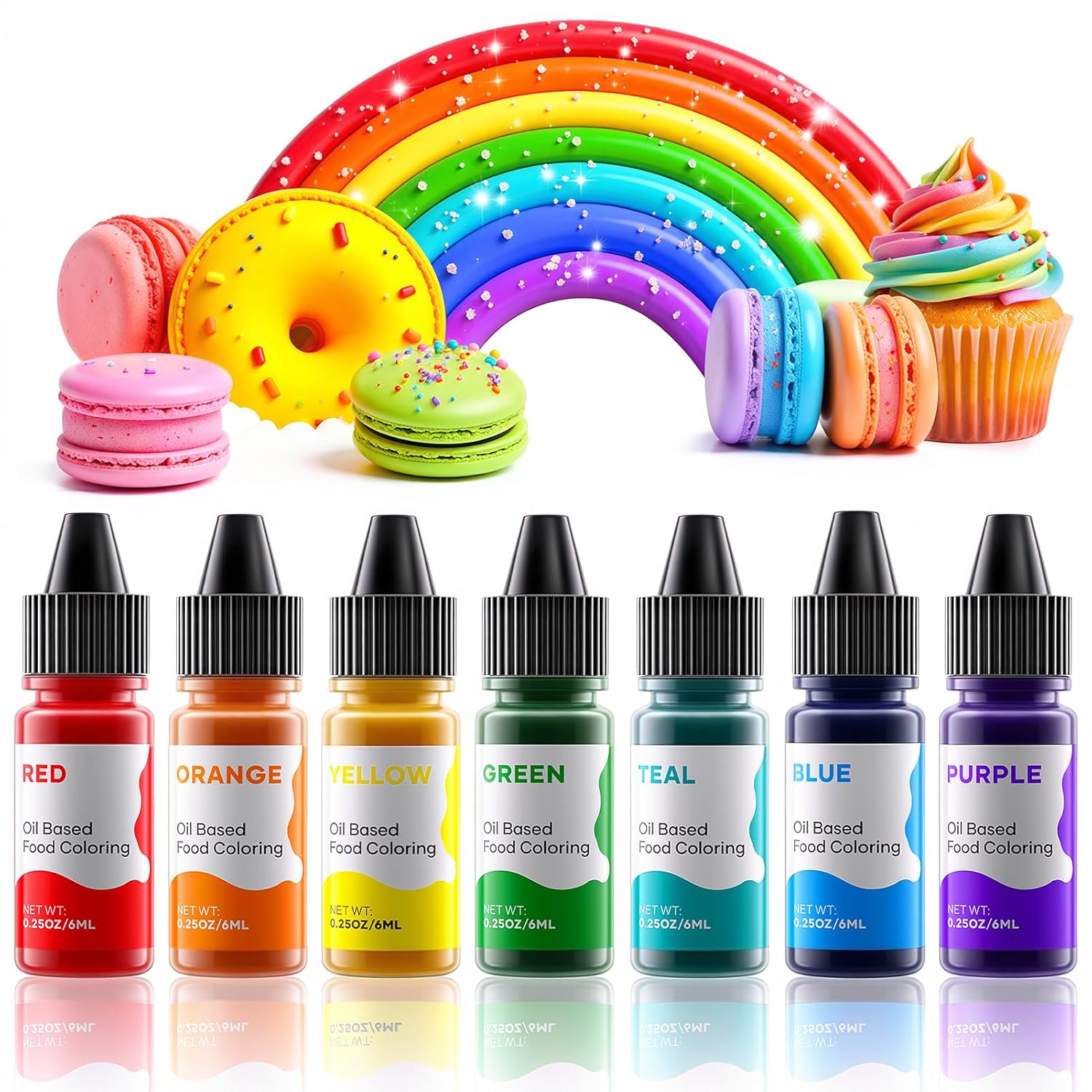 Oil Based Food Coloring for Chocolate Rainbow Oil Edible Food Dye Set for Baking Royal Icing Cookie Supplies Gluten Free 7x6ml Food Grade Food Color Kit, 0.25 Fl. Oz/Bottles