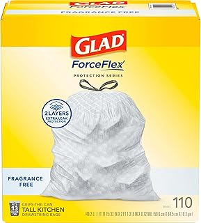 Glad Trash Bags, ForceFlex Tall Kitchen Drawstring Garbage Bags, 13 Gal, Fragrance Free, 110 Ct, Package May Vary