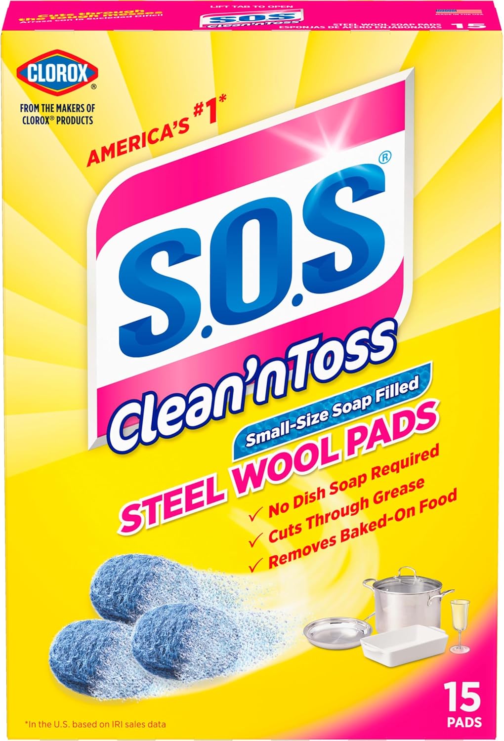 S.O.S Clean n Toss Steel Wool Soap Pads, 15 Count (Pack of 6)