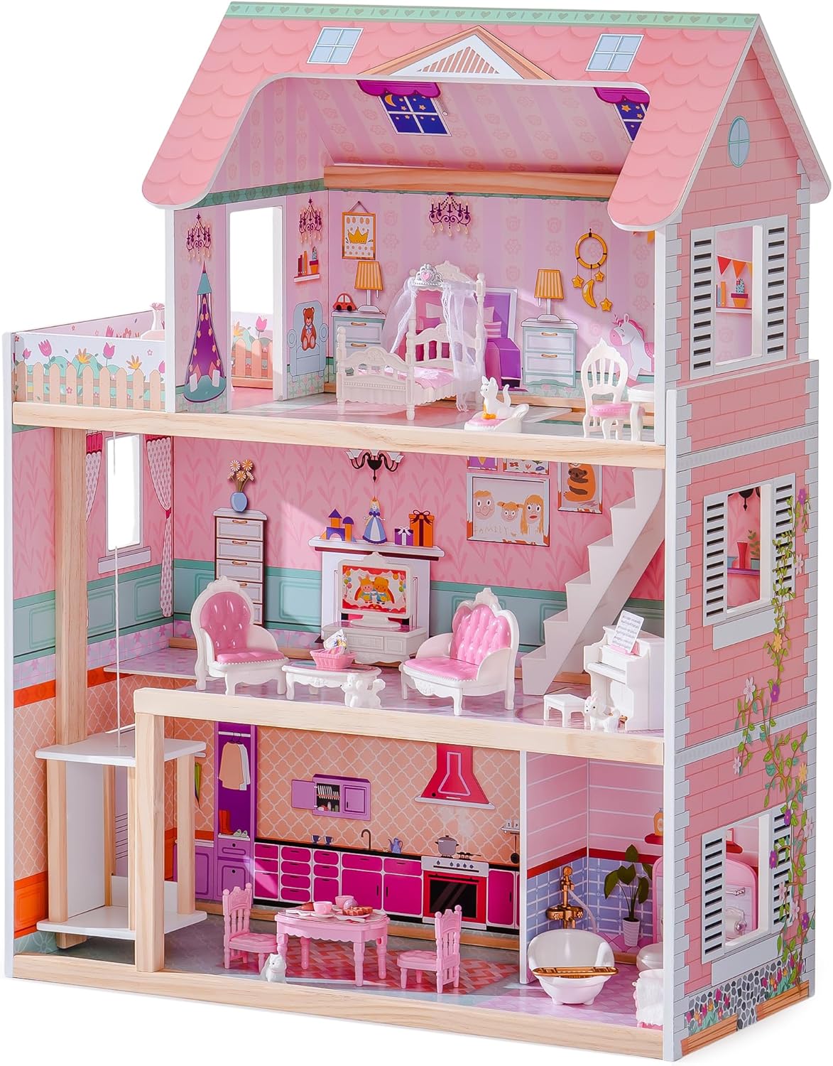 ROBUD Wooden Dollhouse, Doll House Playset with 24-pcs Exquisite Accessories, Working Elevator, Gift for Ages 3+