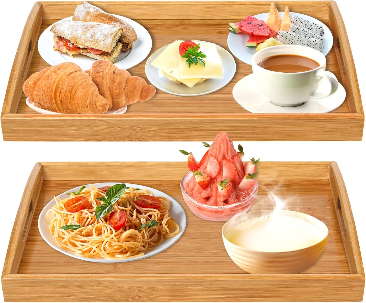 2 Pack Bamboo Serving Tray with Handles, Portable Bed Tray for Breakfast Dinner, Eating Trays for Living Room,Restaurants