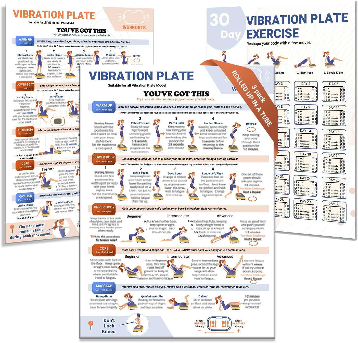Whole Body Vibration Plate Exercise Poster, Fitness Workout Guide with 30 day Training Chart