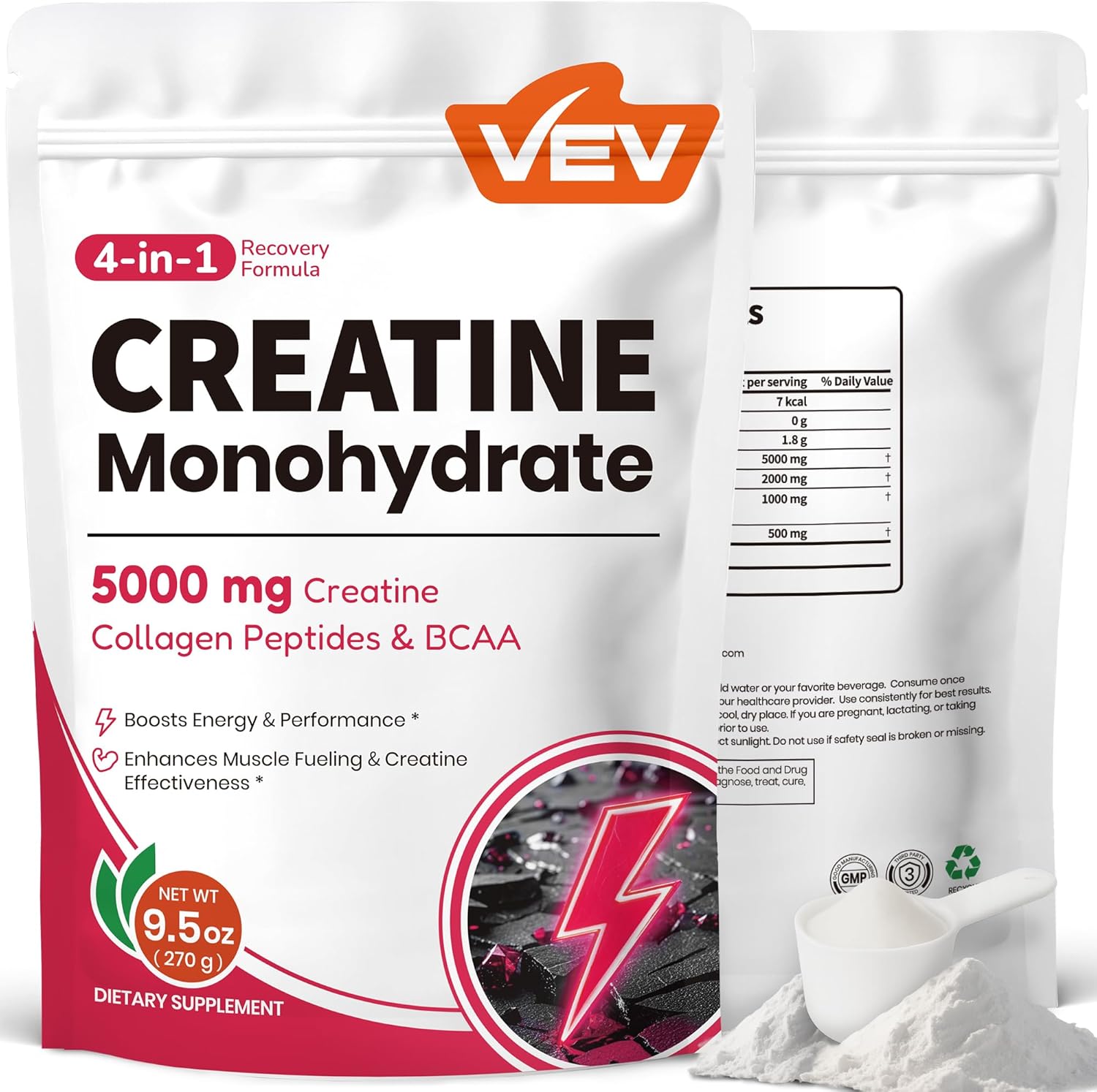 VEV Creatine Monohydrate Powder 5000mg with Collagen & BCAAs 2:1:1 – Creatine for Women, Supports Muscle Definition, Energy & Workout Performance – Unflavored, Sugar-Free, 9.5oz, 30 Servings