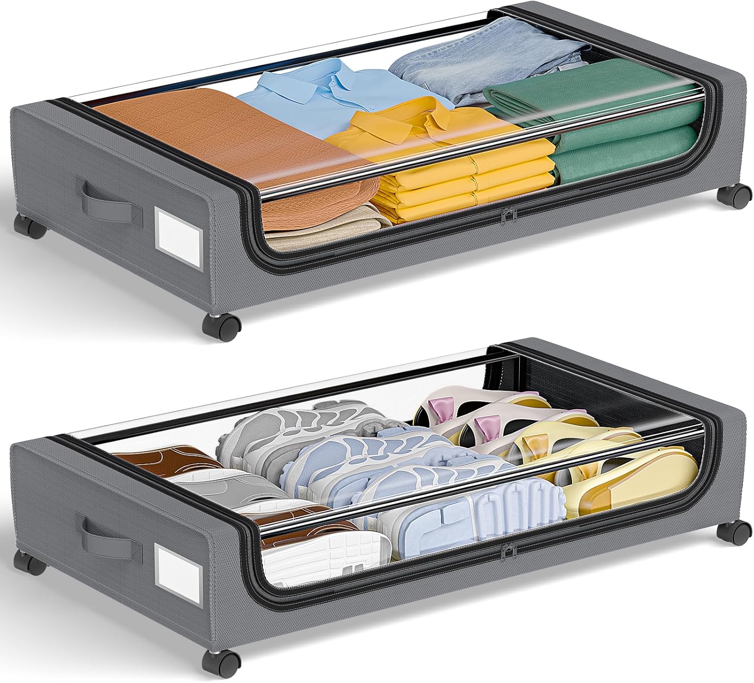 GoMaihe Under Bed Storage with Wheels: XXL 48L Underbed Storage Containers with Lids - Rolling Drawers for Shoes Clothes in Dorm Bedroom - Space-Saving Easy Pull-out Grey 2-Pack