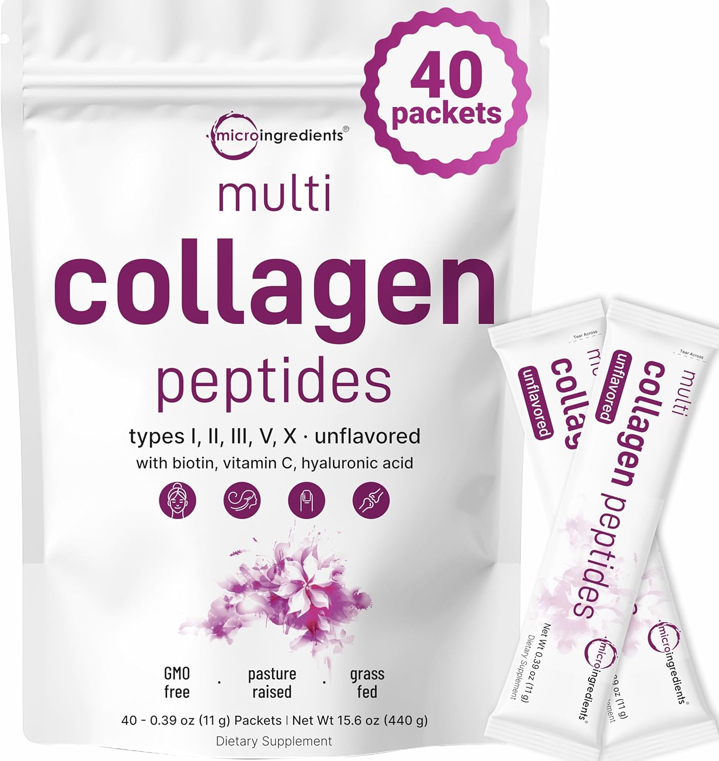 Multi Collagen Peptides Powder, 40 Stick Packs | Type I, II, III, V, X + Biotin, Vitamin C & Hyaluronic Acid | Unflavored | Multi-Collagen Blend | Supports Hair, Skin & Joint Health | Keto, Non-GMO
