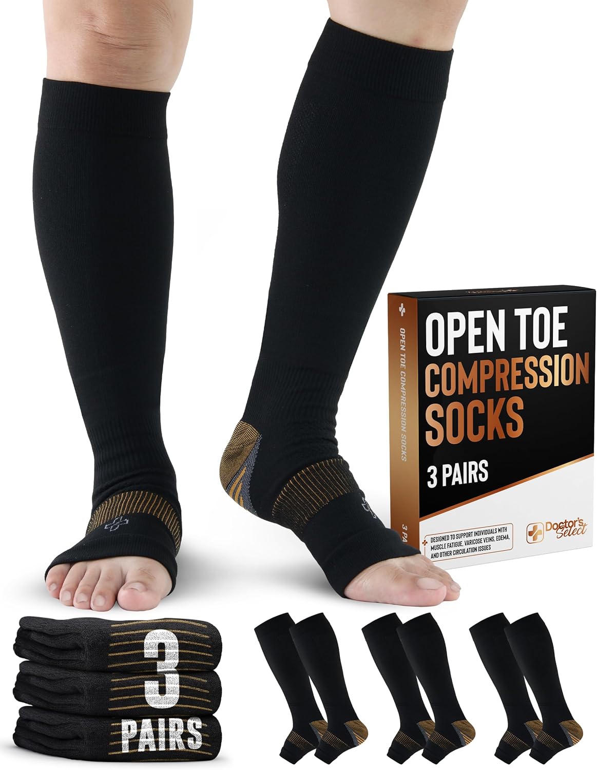 Doctor's Select 3 Pairs Copper Toeless Compression Socks for Men - 20-30 mmHg Compression Socks Men Open Toe, Toeless Socks, Black with Copper