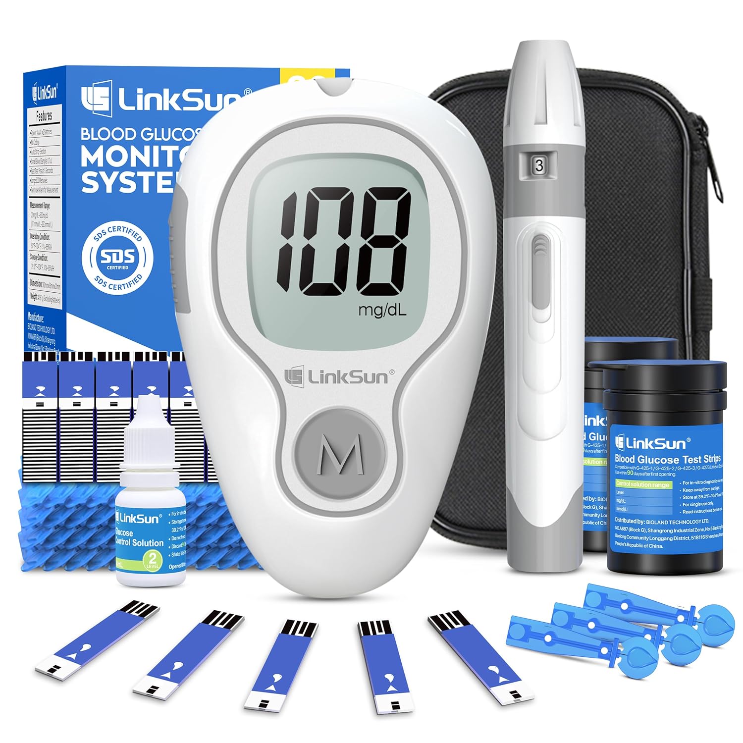 G-425-3 Blood Glucose Monitor Kit, 100 Test Strips, 100 Lancets, 1 Blood Sugar Monitor, 1 Lancing Device, Diabetes Testing Kit No Coding, Glucometer Large Display, Glucose Meter for Home Use