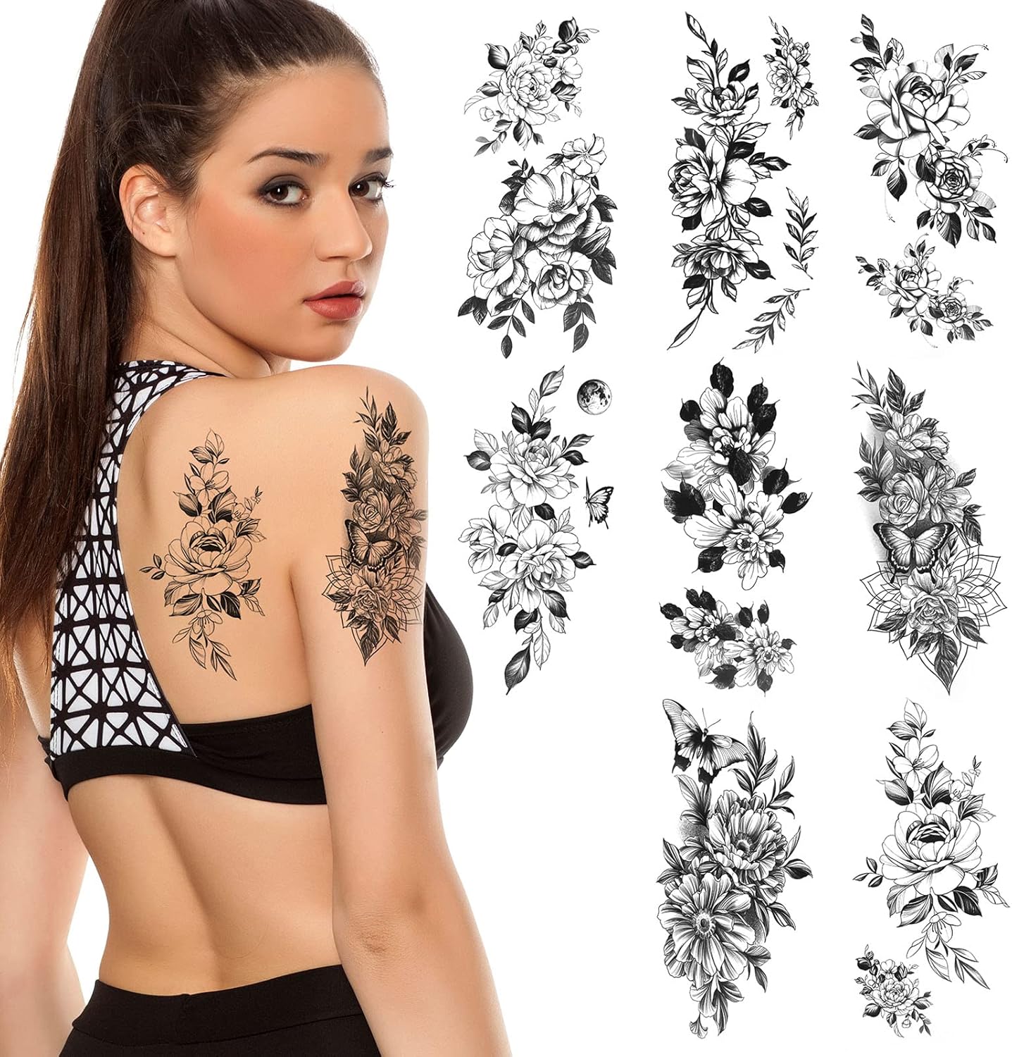 URAQT Temporary Tattoos, 8 Sheets 3D Extra Large Waterproof Sexy Flowers Fake Tattoo Kits, Arm Neck Face Temp Tattoo Temporary Tattoos Sticker for Women and Men, Black Halloween Fake Tattoos