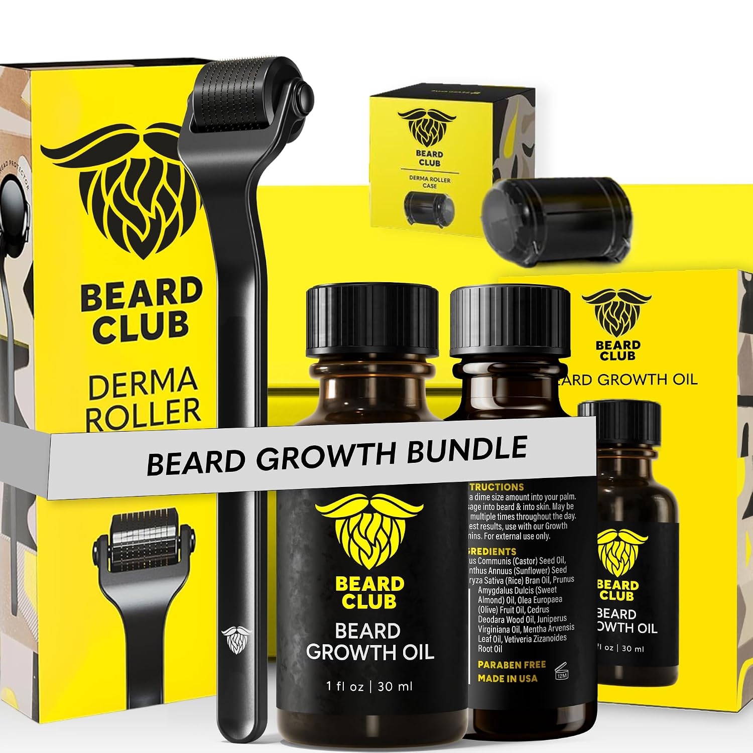 Beard Club Premium Derma Roller & Beard Growth Oil - Microneedling Roller with 540 Titanium Microneedles for Face, Body and Scalp - Beard Roller with Sandalwood & Cedar Beard Oil