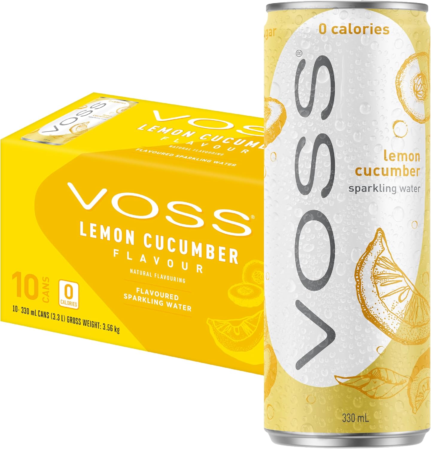 VOSS Flavoured Sparkling Water, Zero Sugar Drink, Zero Calorie, Naturally Sourced Water, 10x 330ml Multipack (Lemon Cucumber)