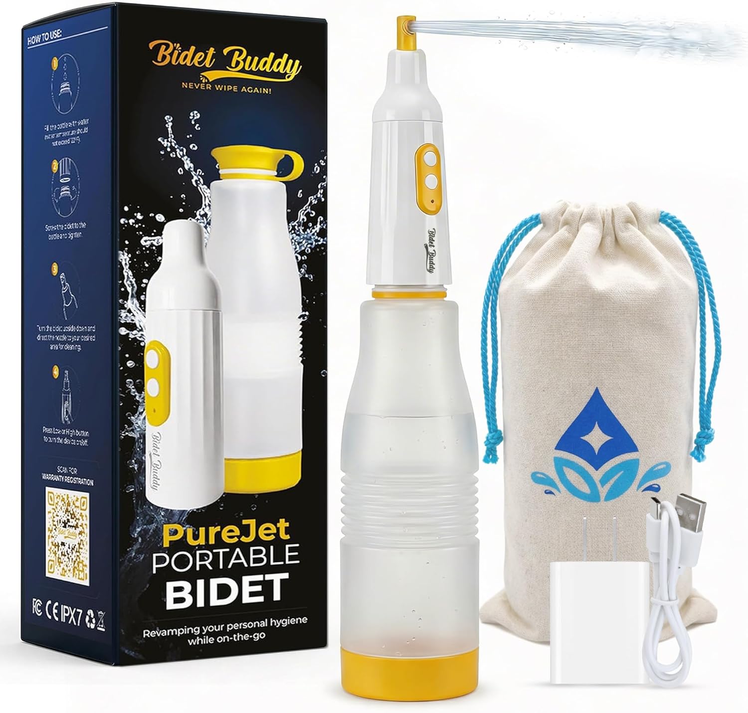 BIDET BUDDY® PureJet Portable Bidet for Travel– Self-Cleaning Retractable Nozzle, 550ml Bottle, IPX7 Waterproof, USB-C Rechargeable, High-Pressure Hygiene Device, Versatile Power Modes – Arctic White