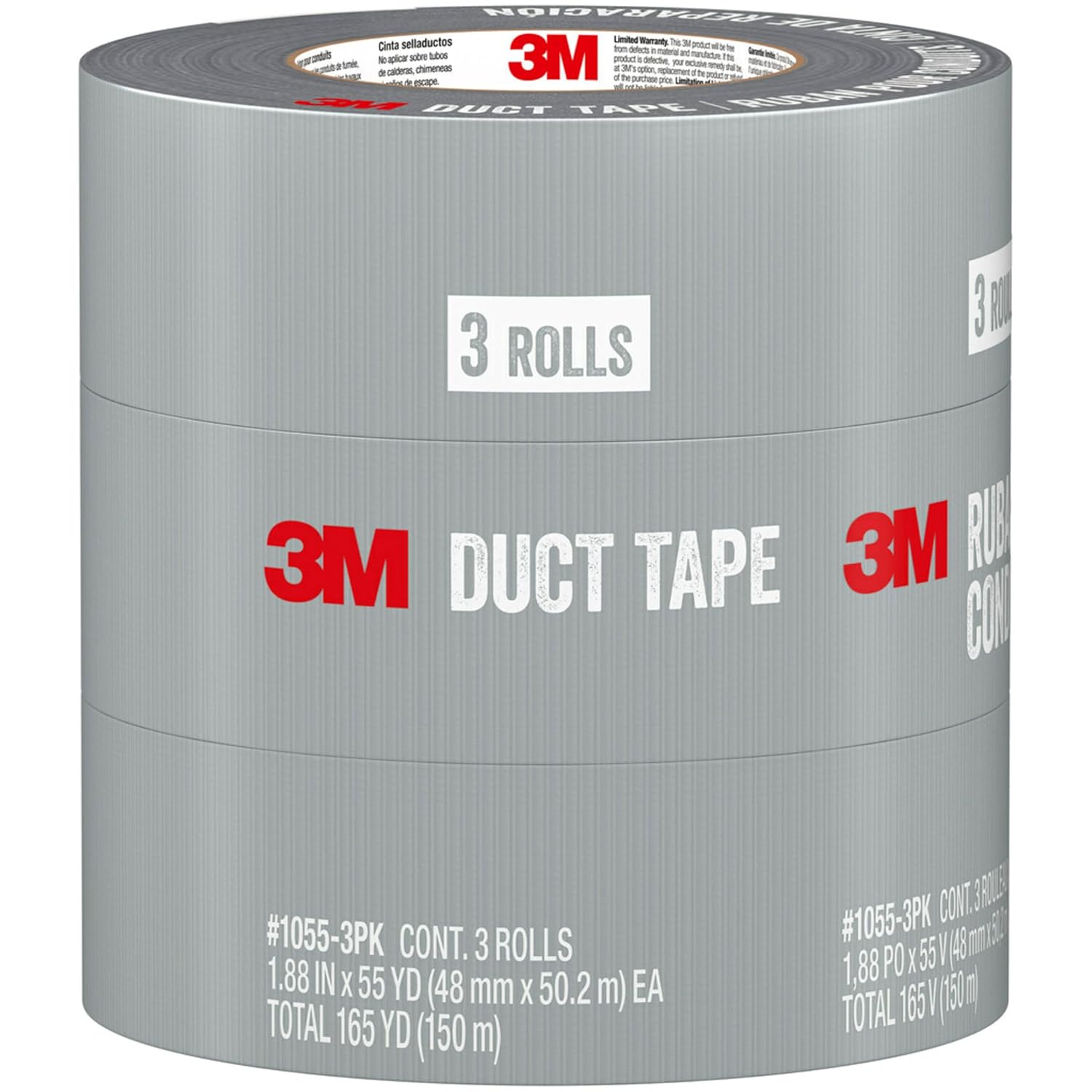 3M Duct Tape, 3 Rolls, 1.88 Inches x 55 Yards, Hand Tear, Bundle, Patch, Protect & Repair, Great Strength For Durability, Adheres To Multiple Surfaces (1055-3PK)