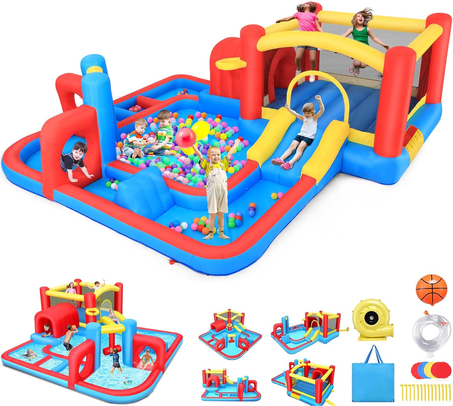 Inflatable Bounce House Water Slide, 14.3x14.3FT Maze Waterpark Obstacle Course w/Jump Area, Splash Pool, Obstacle, Slide, Punching Bag, Basketball Hoop & Tunnel for Kids Backyard Indoor Outdoor