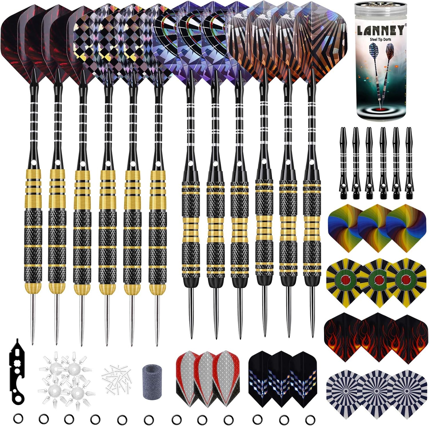 Darts Metal Tip Set, 20 Grams and 24 Grams Steel Tip Darts Set, Professional Metal Tipped Darts with Sharpener Tool Kit, Aluminum Shafts, Brass Barrels, Carrying Case, Extra Flights, Dart Accessories