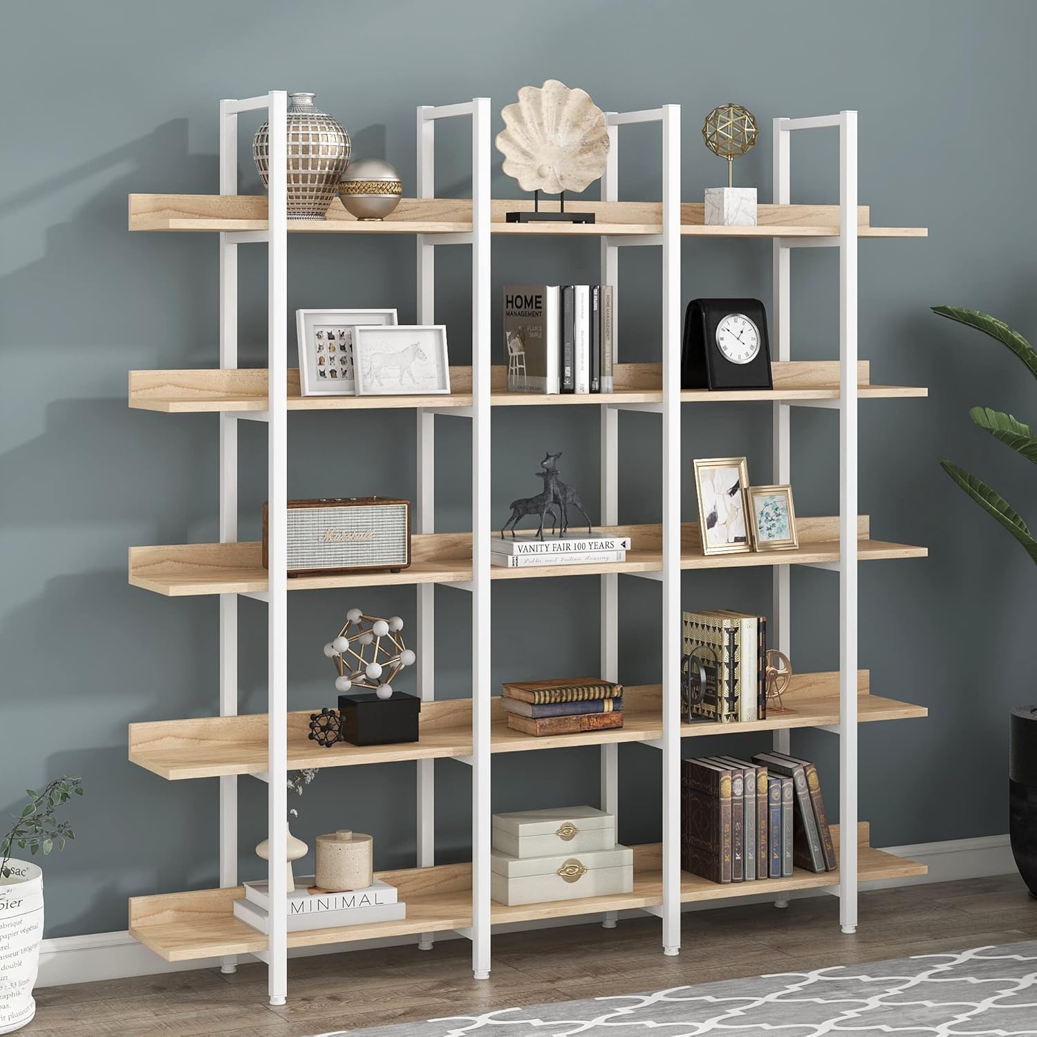 Harper & Bright Designs 5 Tier Bookcase Home Office Open Bookshelf, Vintage Industrial Style Shelf, MDF Board, White Metal Frame, Oak