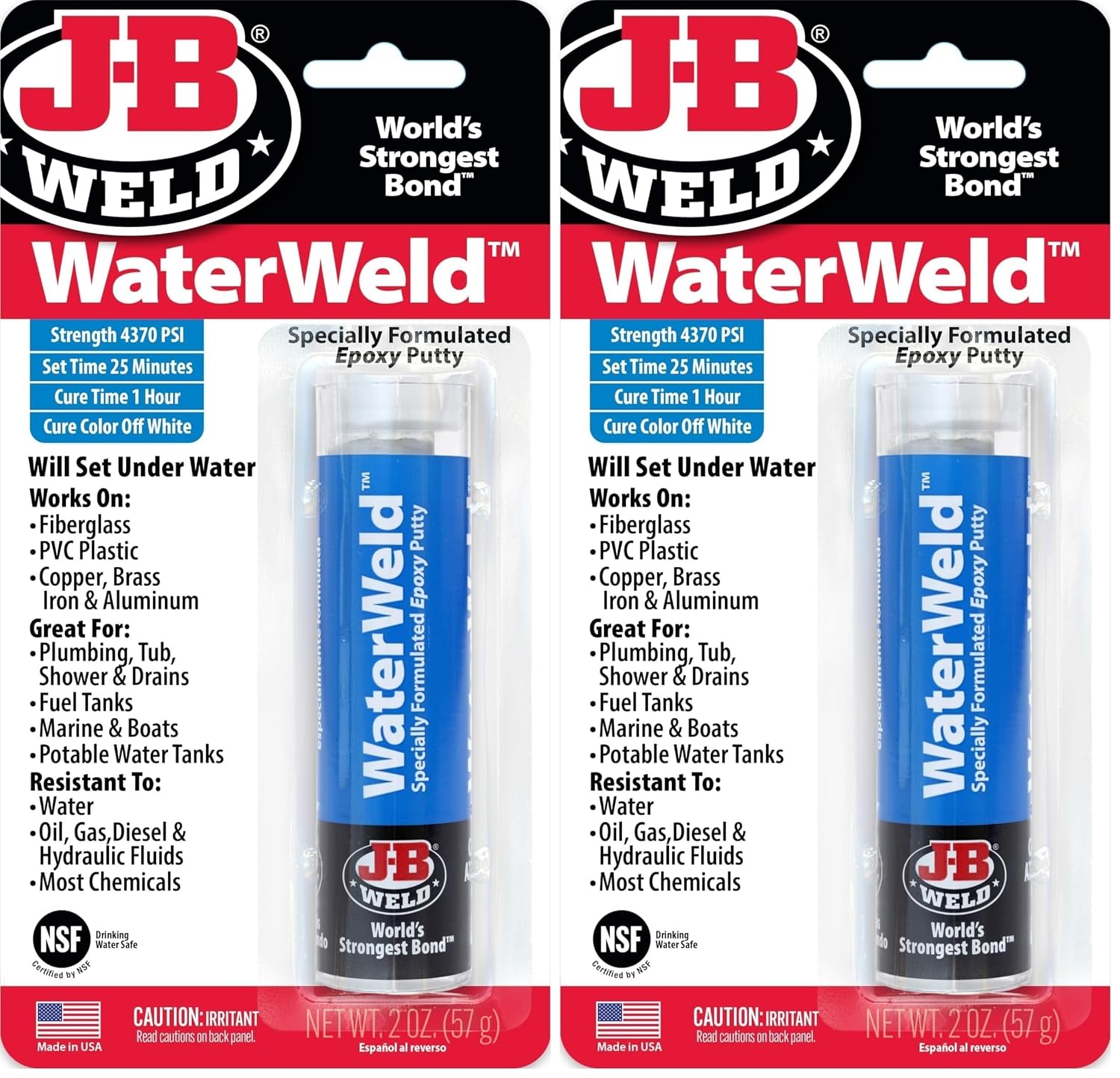 J-B Weld 8277 WaterWeld Epoxy Putty Stick - 2 oz. (Pack of 2)