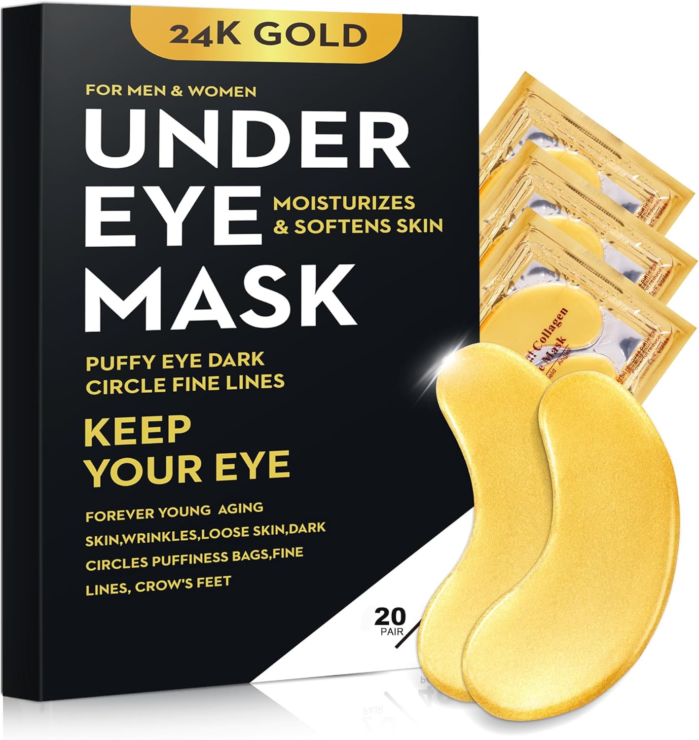 20Pcs/10 Pairs 24K Gold Eye Mask Collagen Under Eye Mask Patches for Dark Circle Puffiness, Refresh, Revitalizing, Travel, Wrinkles, Eye Patches for Women Men