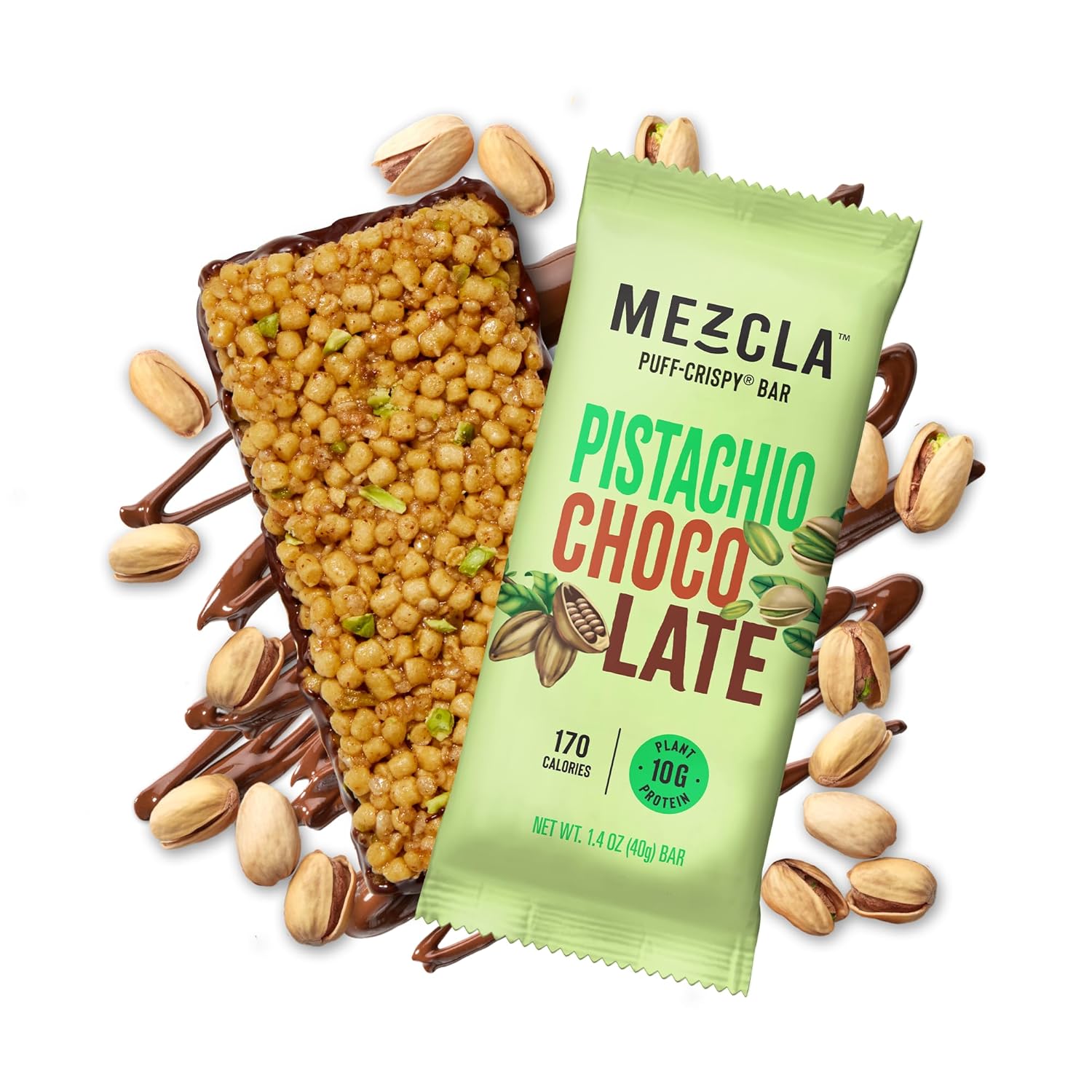 Mezcla Puff Crispy Protein Bars, Gluten Free & Vegan Protein Bars, 10g Protein, Alt for Crispy Rice Treat, Granola Bars & Breakfast Bars, Healthy Snacks for Adults (1 Count (Pack of 1), Pistachio Chocolate)
