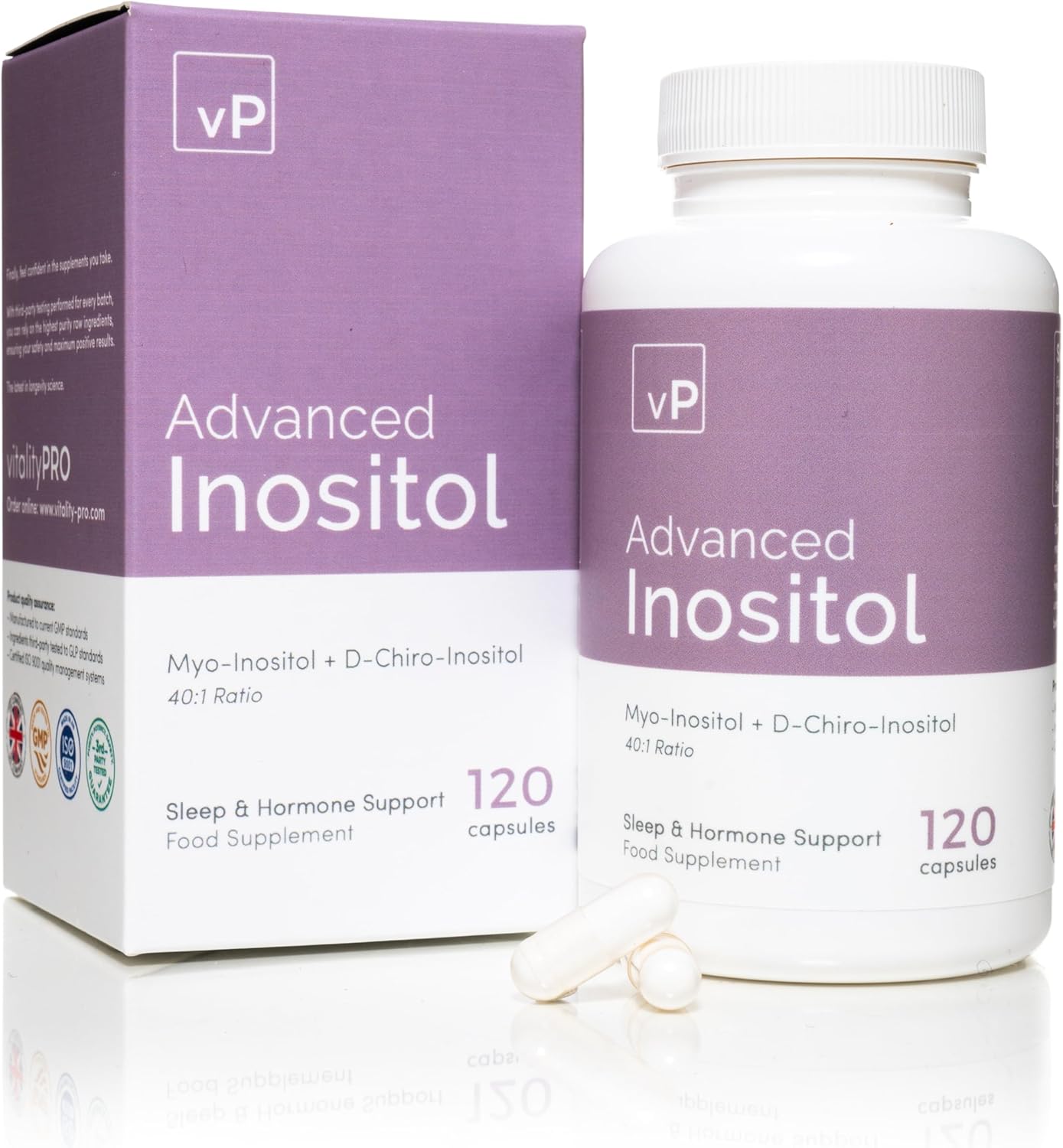 vP Vitality Pro Advanced 40:1 Inositol Supplement, 120 Capsules – 500 mg per Capsule (Myo-Inositol 488 mg + D-Chiro-Inositol 12 mg) Hormonal Balance, Blood Sugar Support, Sleep & Insulin Sensitivity