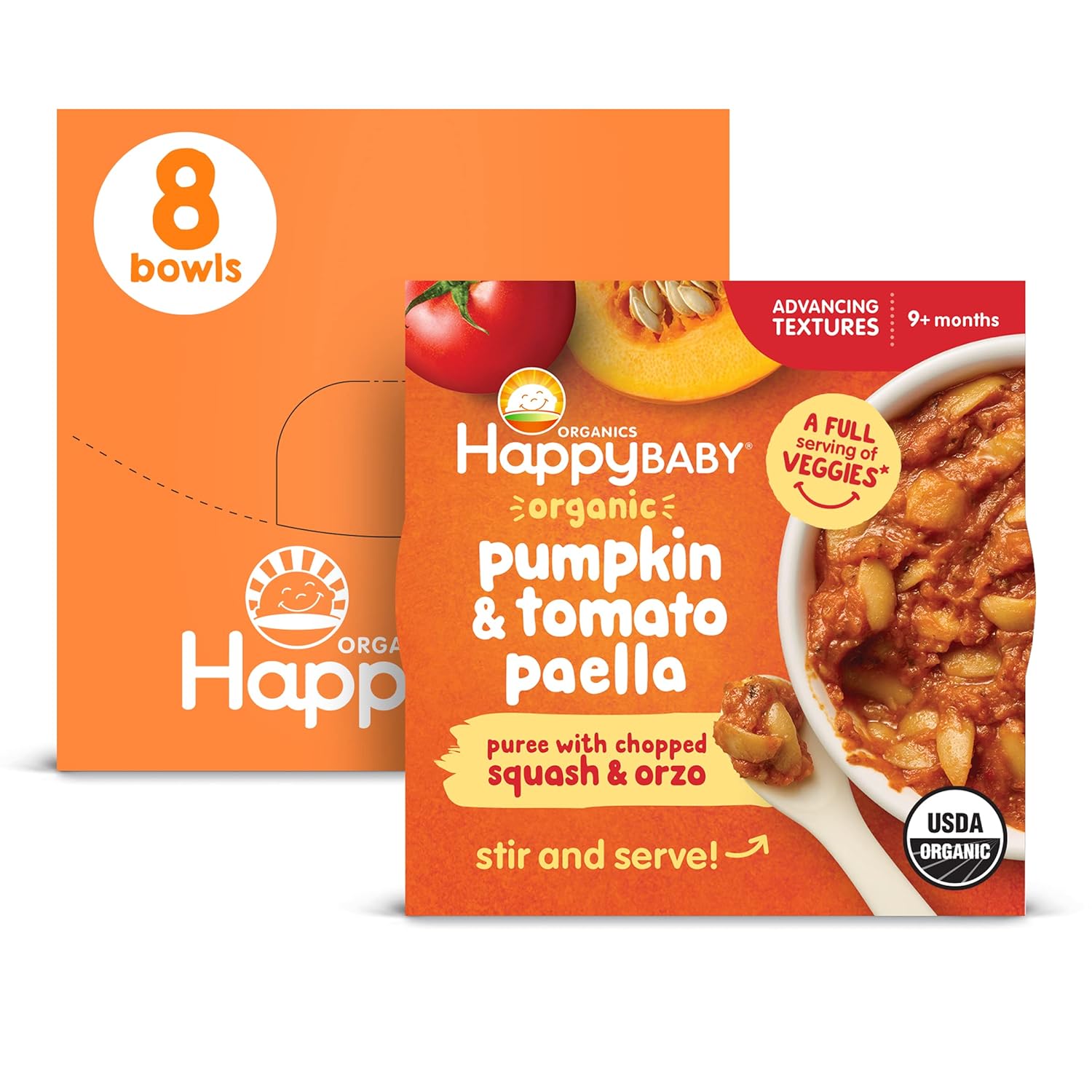Happy Baby Organics Baby Food, Advancing Textures Bowl Pumpkin & Tomato Paella Puree with Chopped Squash & Orzo, 4 Oz (Pack of 8)