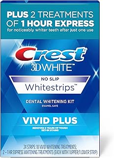 Crest 3DWhitestrips Vivid Plus Whitestrips 3D White, 10 Treatments + 1 Hour Express 2 Treatments Teeth Whitening Kit, 8 Levels Whiter, Crest Teeth Whitening Strips