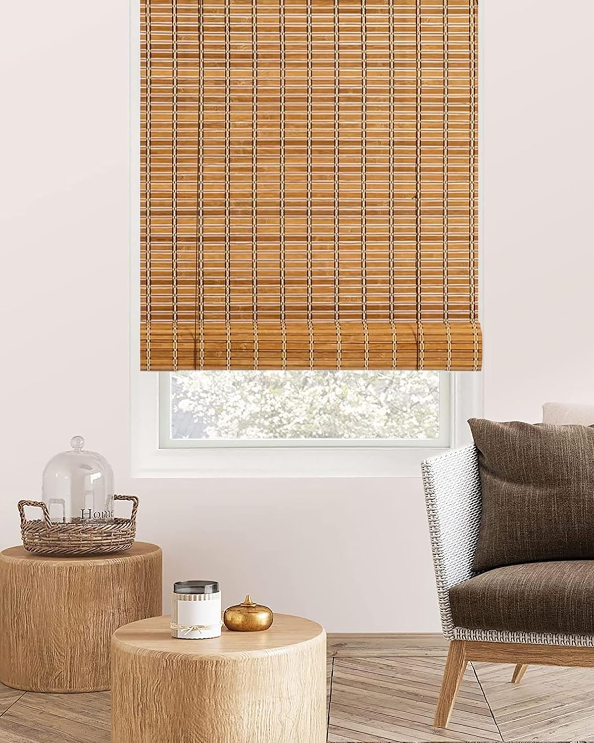 FoundGo Bamboo Blinds No Drill, Width x Height: 110X220cm Retro Roman Blinds Windows, Natural Wooden Window Decorative Curtain, Sunscreen Drape for Windows,Indoor