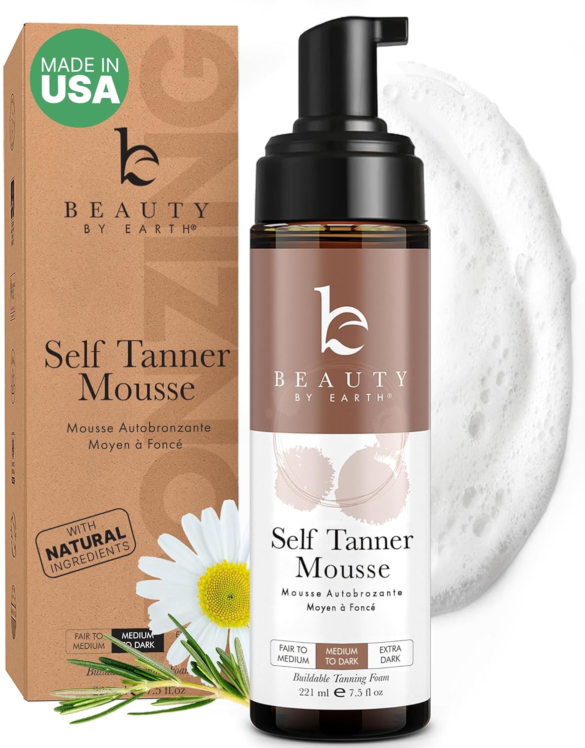 Self Tanner Mousse - USA Made with Natural & Organic Ingredients, Self Tanning Mousse for Dark Fake Tan, Sunless Tanner, Clear & Non Toxic Tanning Foam for Streak Free Finish & Natural Glow