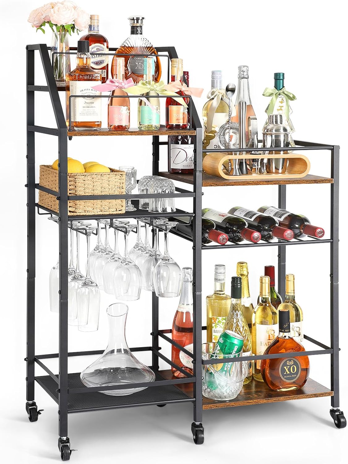 Bikoney Bar Cart with Wine Rack and Glass Holder, Large Drinks Trolley with Storage for Liquor, Whiskey, Mini Bar – Freestanding Bar Stand for Kitchen, Dining Room or Home Decor
