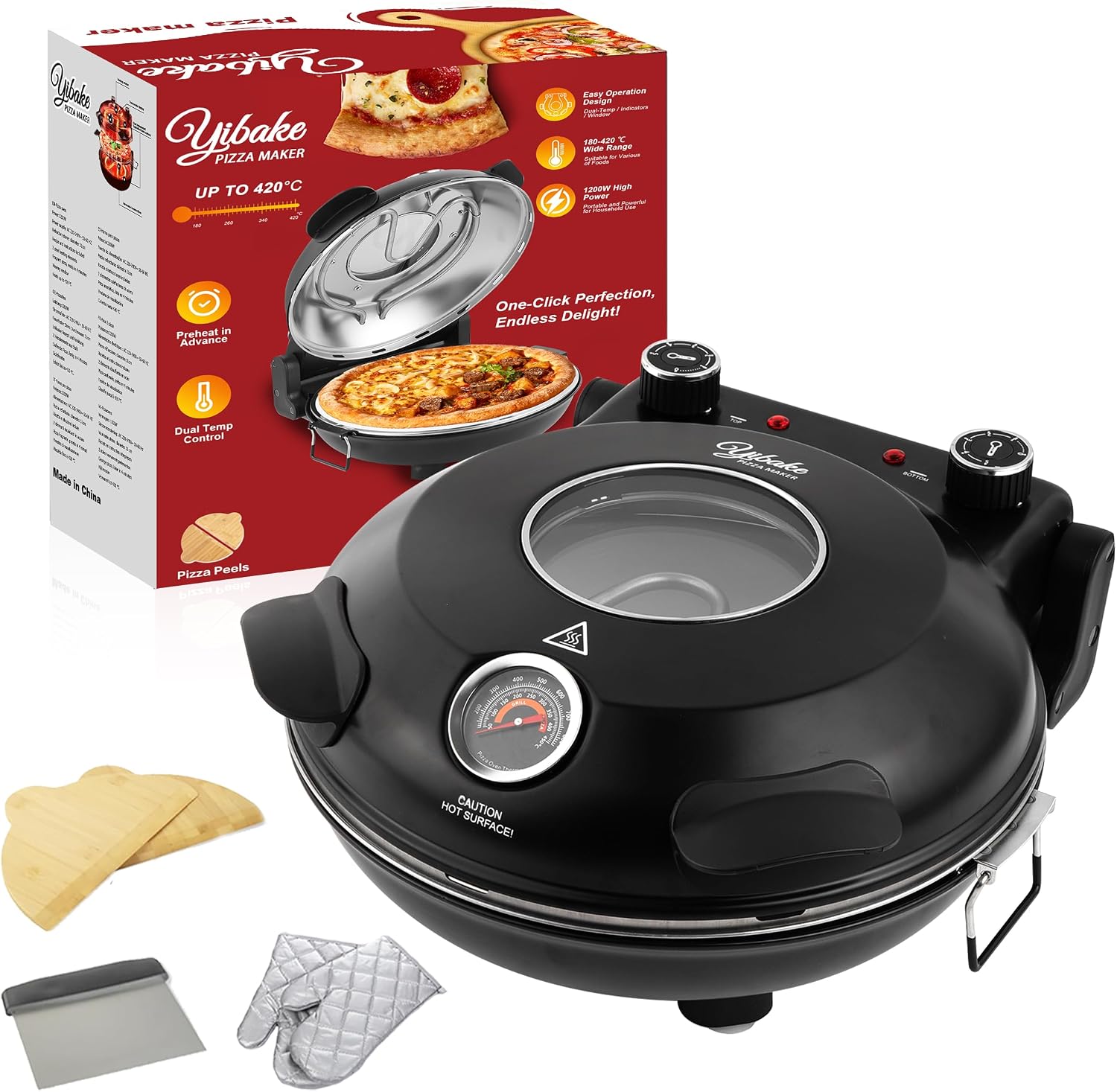 Pizza-Oven-Electric, 31cm Refractory Pizza Stone, 1200W Countertop-Pizza-Maker, 4-Min-Pizza in Pizza Maker, Dual Temp control, with Pizza Peels & Scraper Black