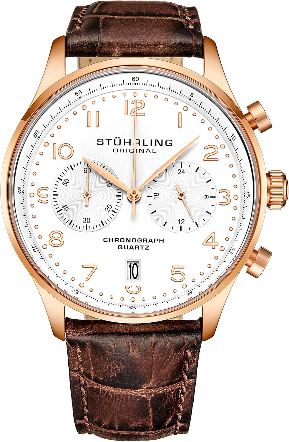 Stuhrling Original Mens Quartz Chronograph Dress Watch - Stainless Steel Case and Leather Band - Analog Dial with Date