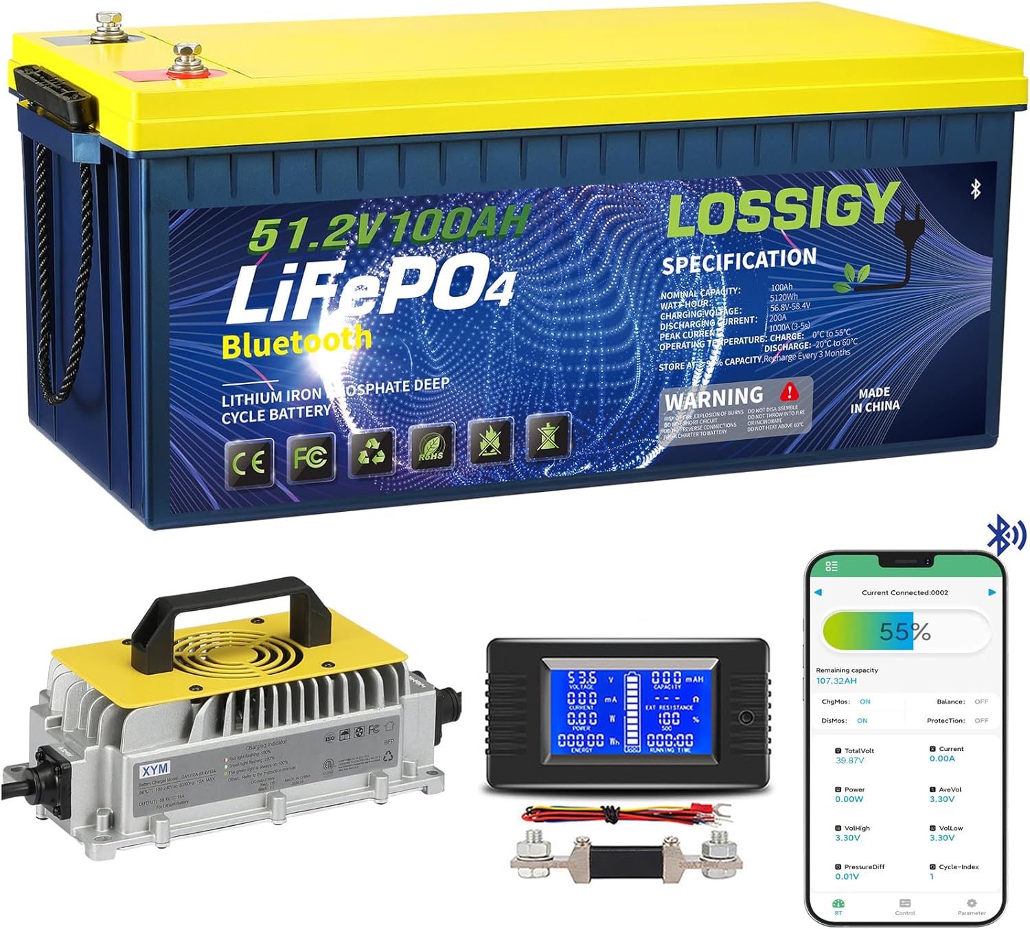 LOSSIGY 48V Lithium Golf Cart Battery with 18A Lithium Charger, 48 Volt 100Ah LiFePO4 Battery, Built in 200A Bluetooth BMS & LCD 10.24kW Output, Peak Current 1000A(3-5s), Prefect for RV Solar System
