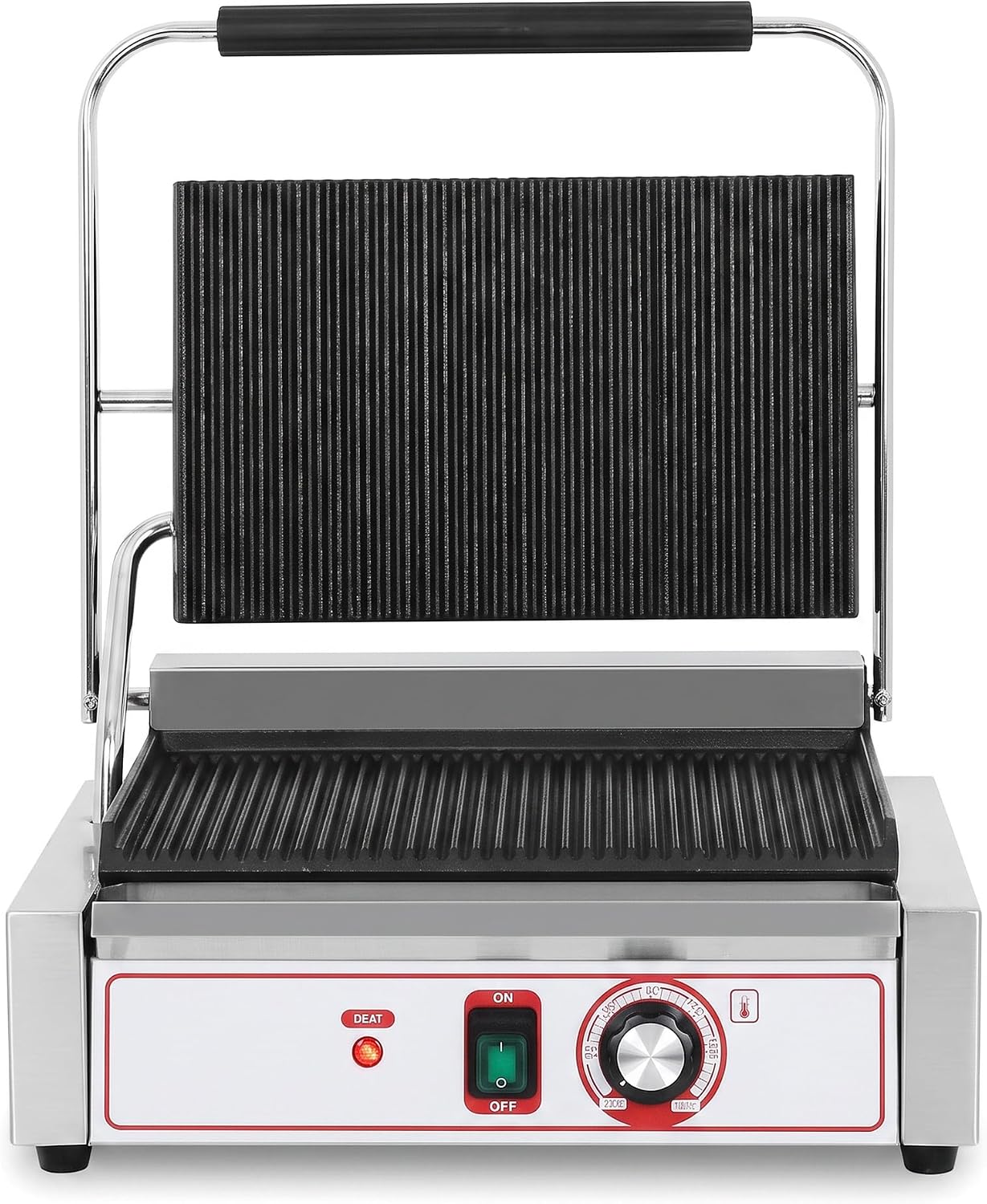 Commercial Panini Grill Flat Press Sandwich Maker Industrial Panini Machine Single Grill Big (Standard Grooved Top and Bottom)