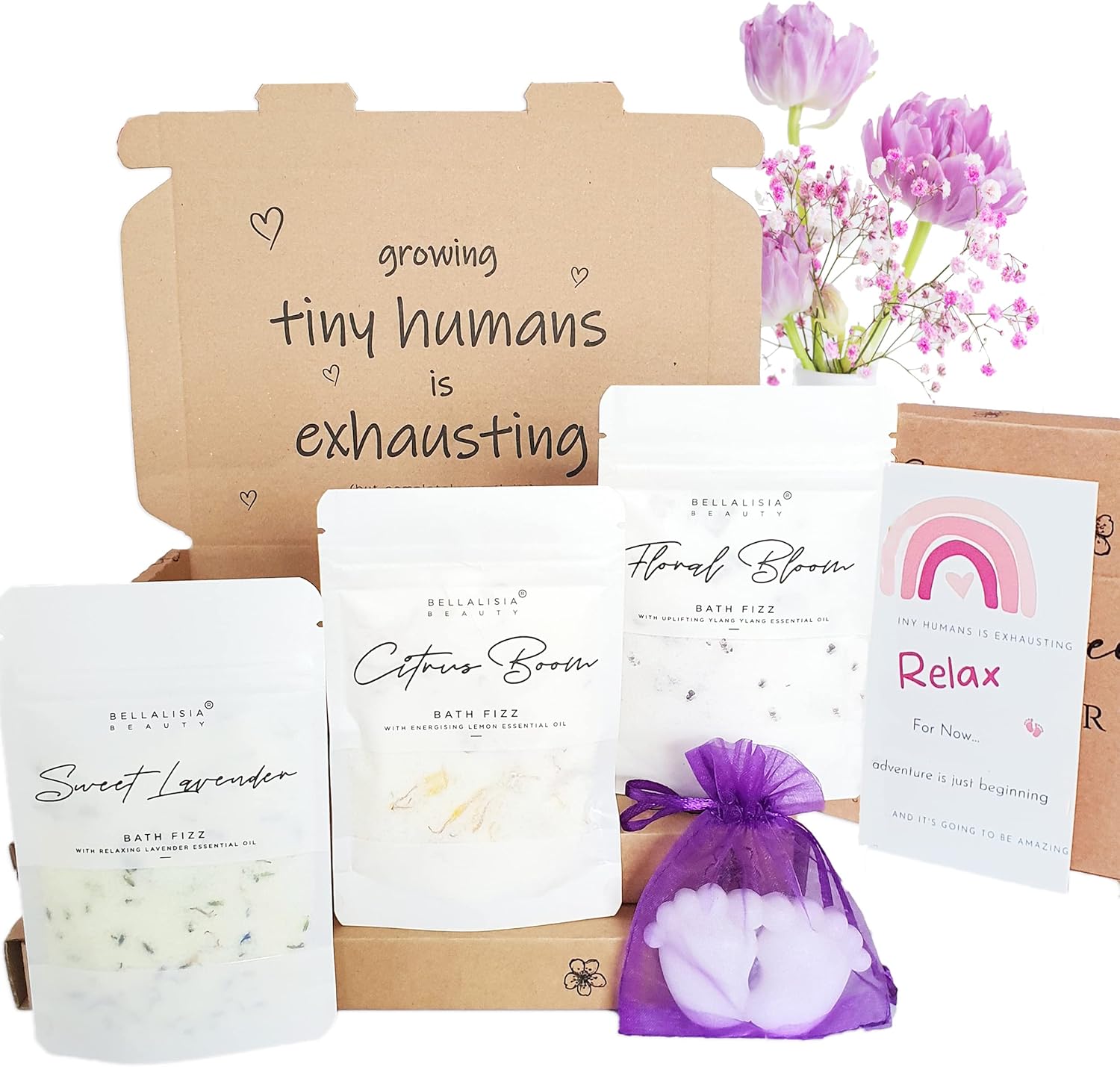 Bellalisia Baby Shower Gifts for Mum to be, New Mum Pamper Kit, Natural Organic Vegan Handmade Bath Bomb Fizz Powder Set, + Real Flowers Pure Essential Oils, Women Hamper Presents for Her to Enjoy
