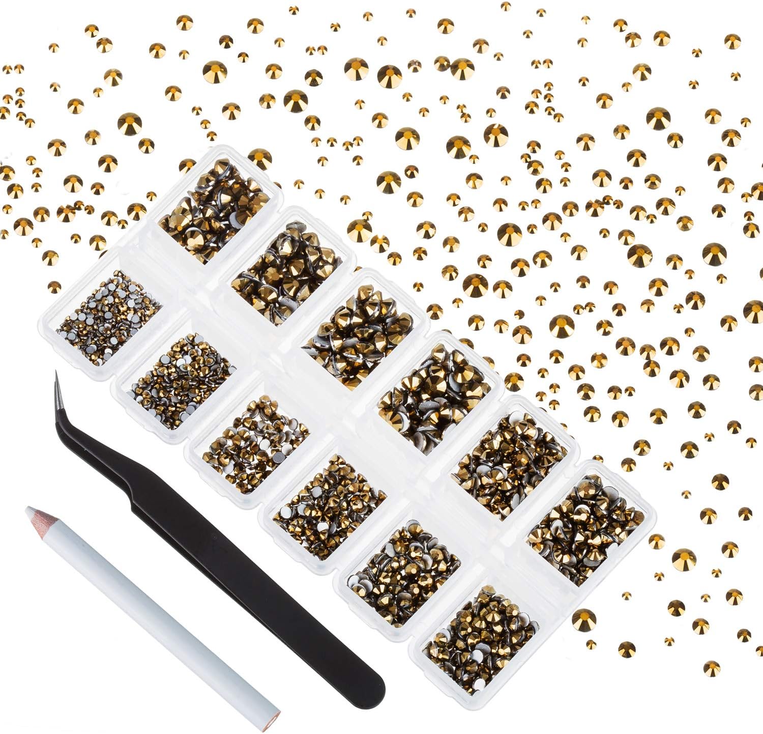 4200 Pieces Flat Back Gold Rhinestones for Craft, Round Crystal Gems Stickers for Clothes, 1.5 mm - 4.8 mm, 6 Sizes