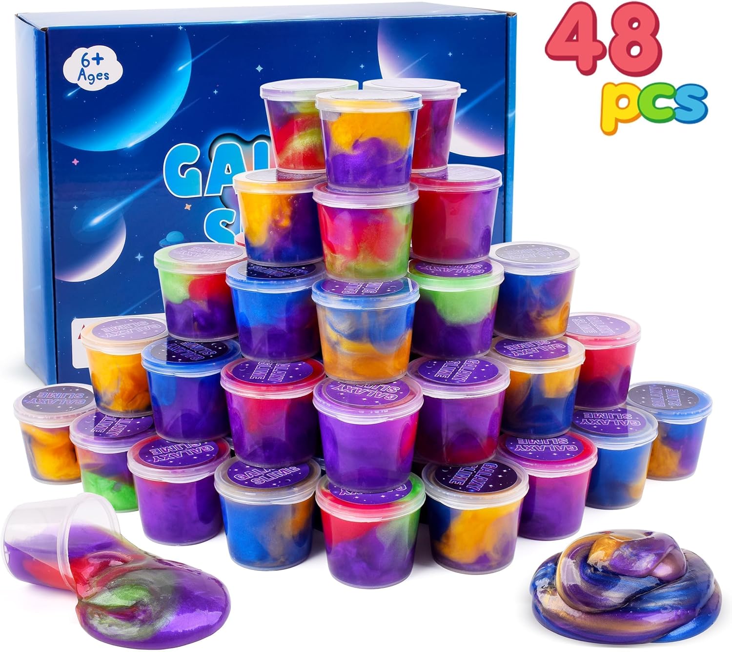 48 Pack Fluffy Galaxy Making Slime kit for Kids, Mini Easter Slime Party Favor, Bulk Putty Cheap Toy for Girls and Boys for Sensory and Tactile Stimulation, Bag Fillers, Soft Non-Sticky