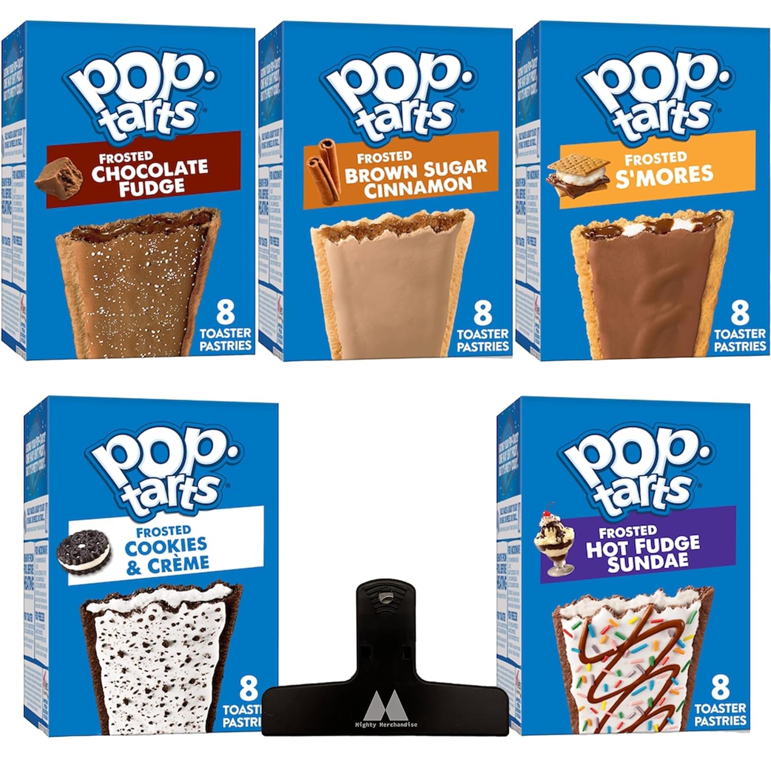 Pop Tarts Frosted Toaster Pastries Variety Pack - 5 Pack - 13.5 Oz - 8 Pastries Per Box (40 Total) - Chocolate Fudge, S'Mores, Cookies & Creme, Brown Sugar Cinnamon and Hot Fudge Sundae - In Mighty Merchandise Box