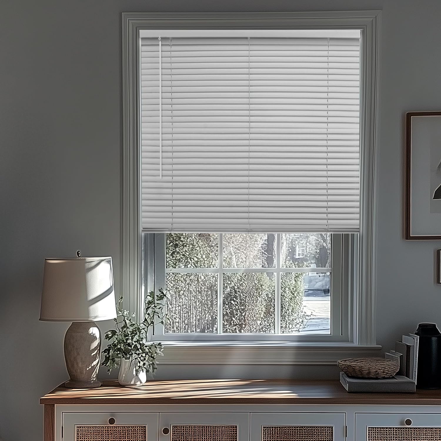 CHICOLOGY Cordless Mini Blinds, 1-Inch Slats, Vinyl Window Shades, Room Darkening & Privacy, Easy Install - Ideal for Windows, Doors, Campers - Midnight White, 12" W x 48" H