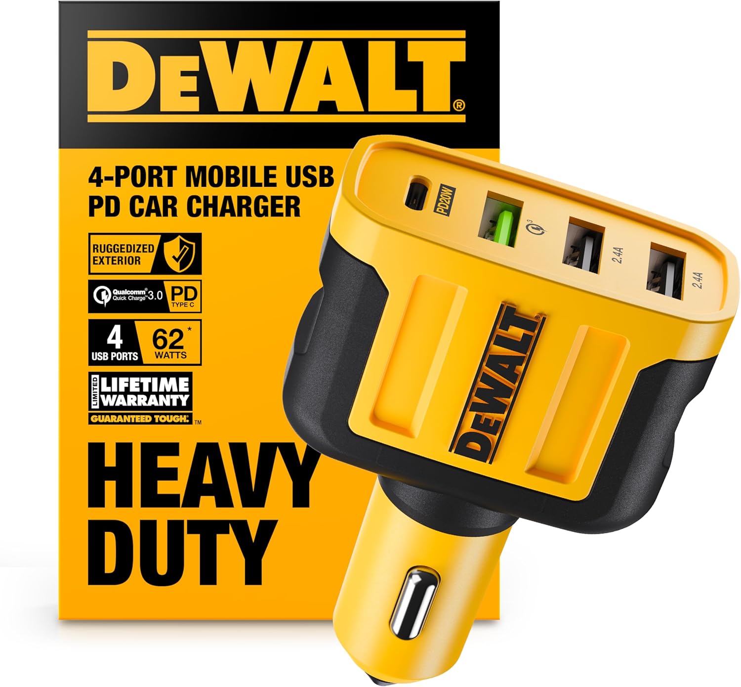 DEWALT Heavy Duty 4 Port USB C Car Charger Multiport, Fast 60W USB Cigarette Lighter Adapter, PD Type C Multi Car Phone Charger, Cell Phone Automobile Chargers Compatible w/iPhone 16/15, Samsung