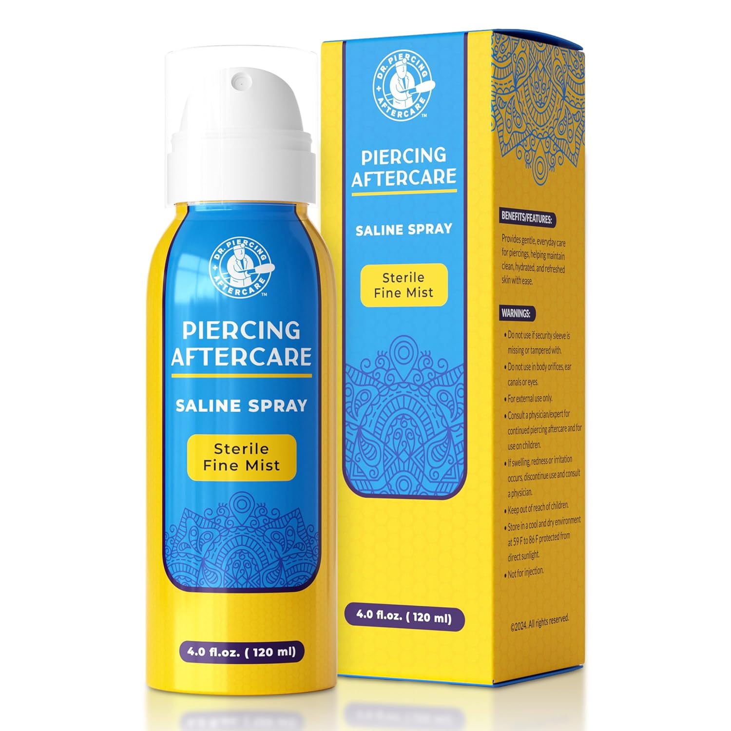Dr. Piercing Aftercare Spray 4.0 oz Sterile Saline Solution - Gentle Mist Cleaner for Ear Nose and Body Piercings - Simple Two Ingredient Formula