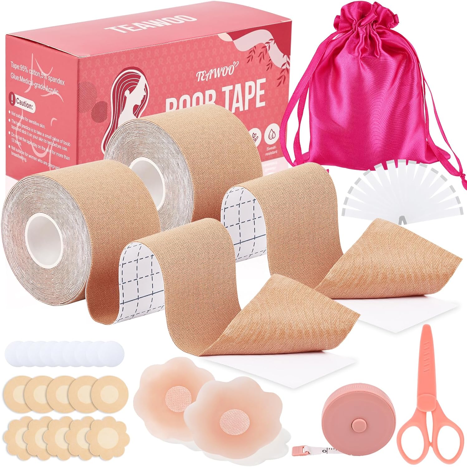 Boob Tape Kit - BoobTape for Breast Lift, 2 Body Tape, 4 PCs Silicone Breast Petals, 20 PCs Satin Nipple Stickers, 36 PCs Double Sided Tape, Boobtape for A-G