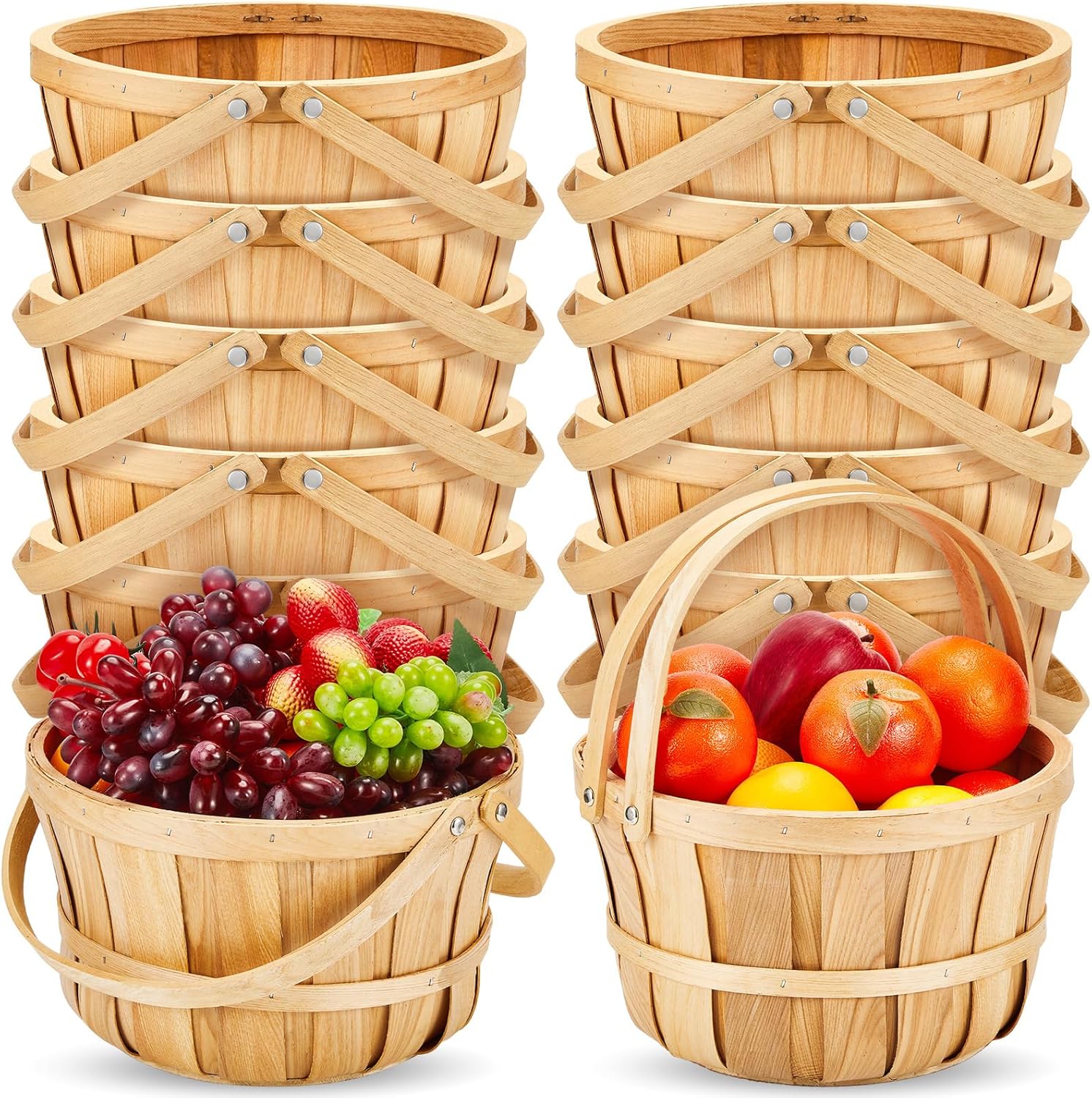 Marsui 10 Pcs 11 x 6.5'' Large Round Wooden Basket Apple Baskets Fruit Bushel Baskets Farmers Fall Harvest Portable Garden Basket with Handle for Storage Organizing Personal or Commercial Use