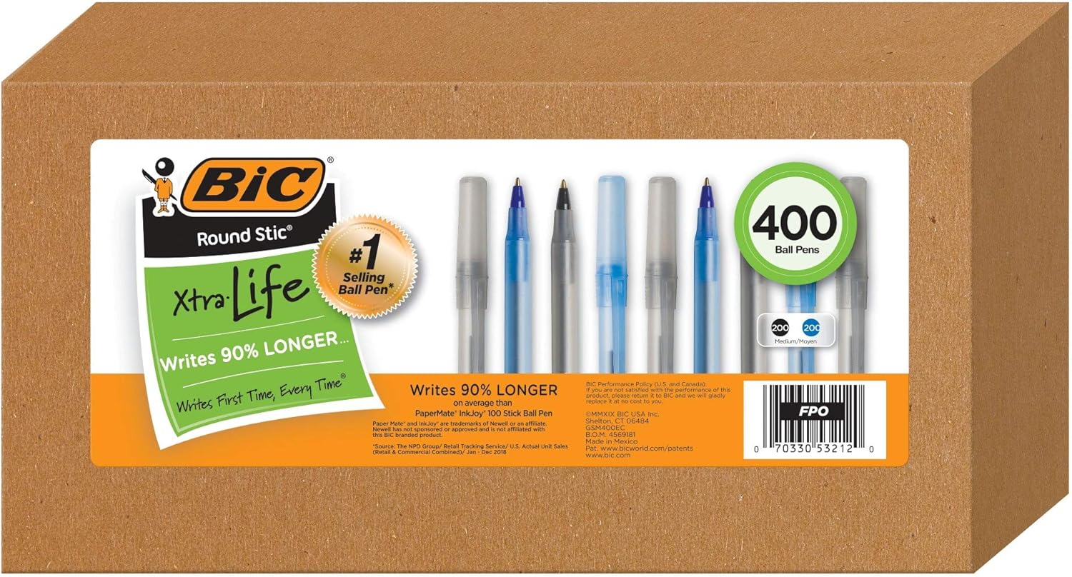 BIC Pens Large Bulk Pack of 400 Ink Pens, Round Stic Xtra Life Ballpoint Pens Medium Point 1.0 Mm, 200 Black Pens & 200 Blue Pens In Box Combo Pack