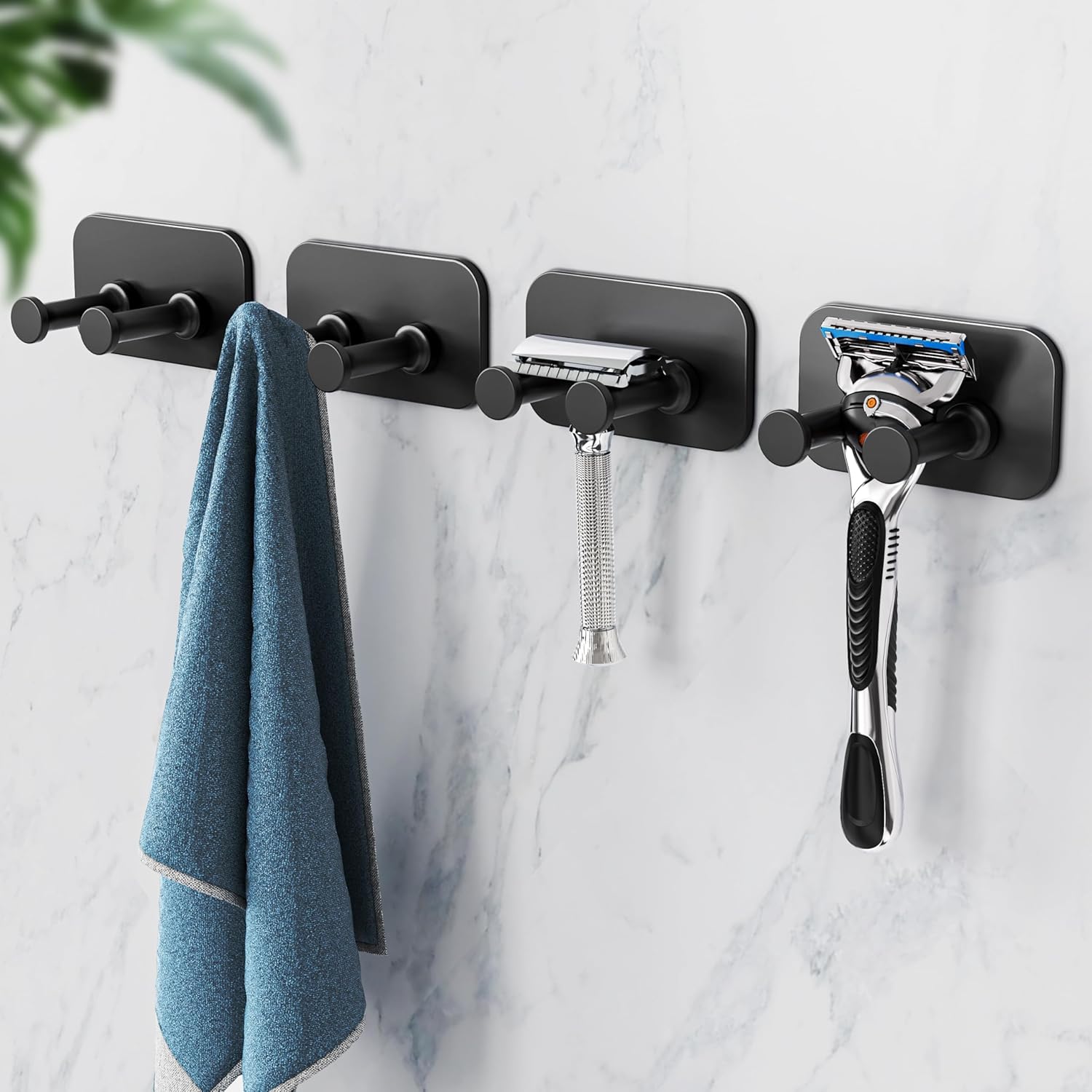 Adhesive Shower Hooks for Bathroom - Razor Holder for Inside Shower, Heavy Duty Hooks for Towel, Shaver, Robe and Loofah, Door Hooks for Hanging, Wall Mounted, Black, 4 Pack