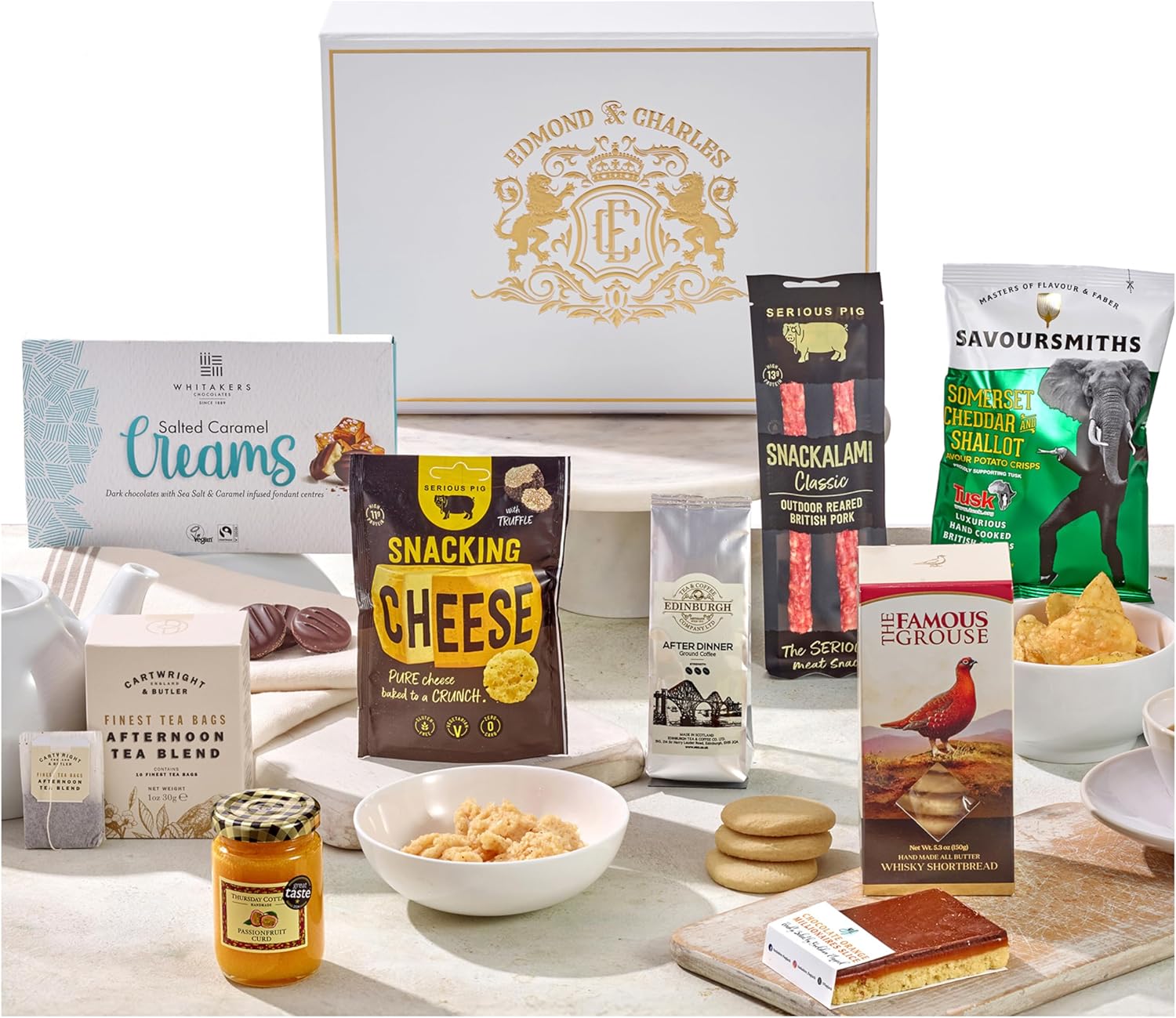 Edmond & Charles Gourmet Gift Hamper, Includes Afternoon Tea, Ground Coffee, Artisan Biscuits, Crisps, Chocolates, Savoury Snacks & Much More. Hampers & Gourmet Gifts for Men & Women