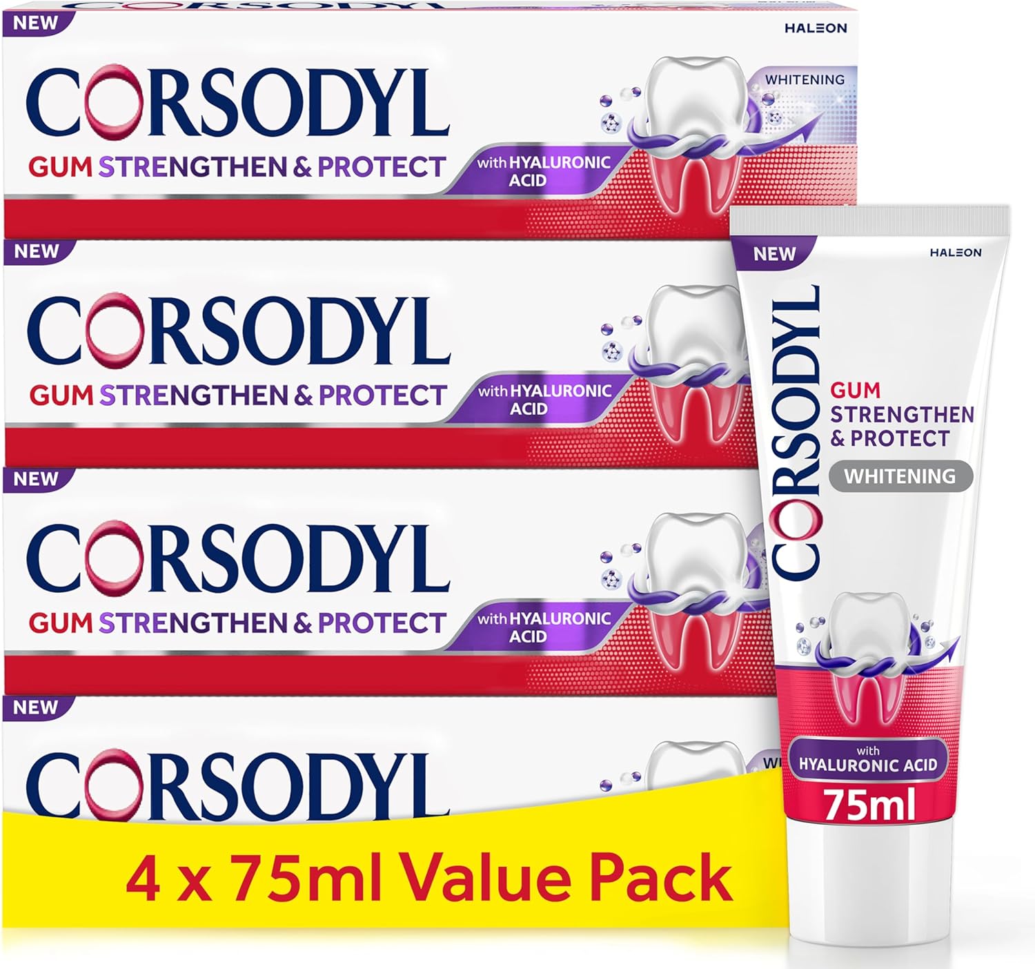 Corsodyl Toothpaste Multipack Gum Strengthen & Protect with Hyaluronic Acid, Whitening, 4 x 75ml