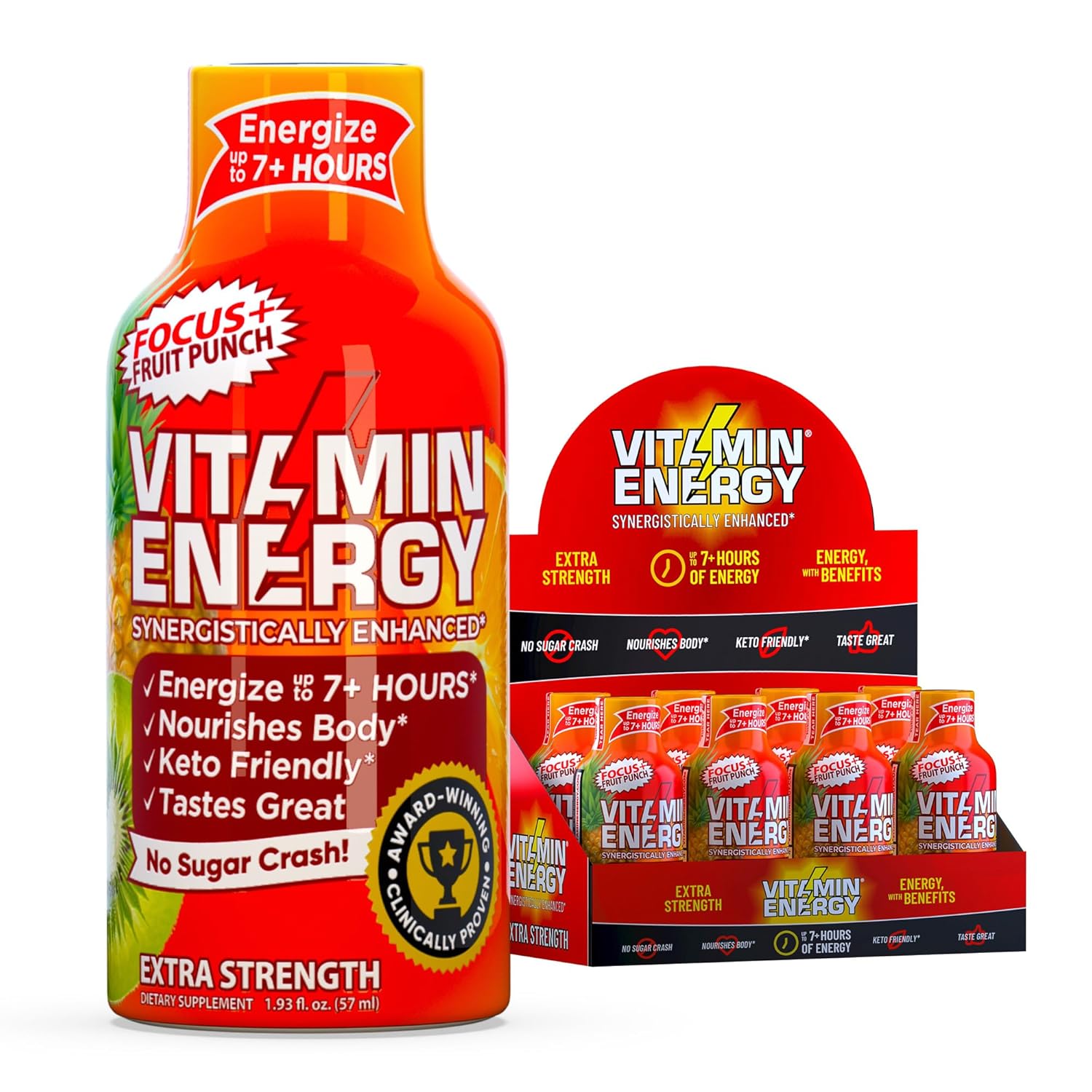 Vitamin Energy Focus+ Extra Strength Energy Shot Fruit Punch 8 Pack, 260mg Natural Caffeine, B-Vitamins, CoQ10, Amino Acids, Focus, Productivity & Clarity, Zero Sugar, Gluten-Free, 1.93 fl oz