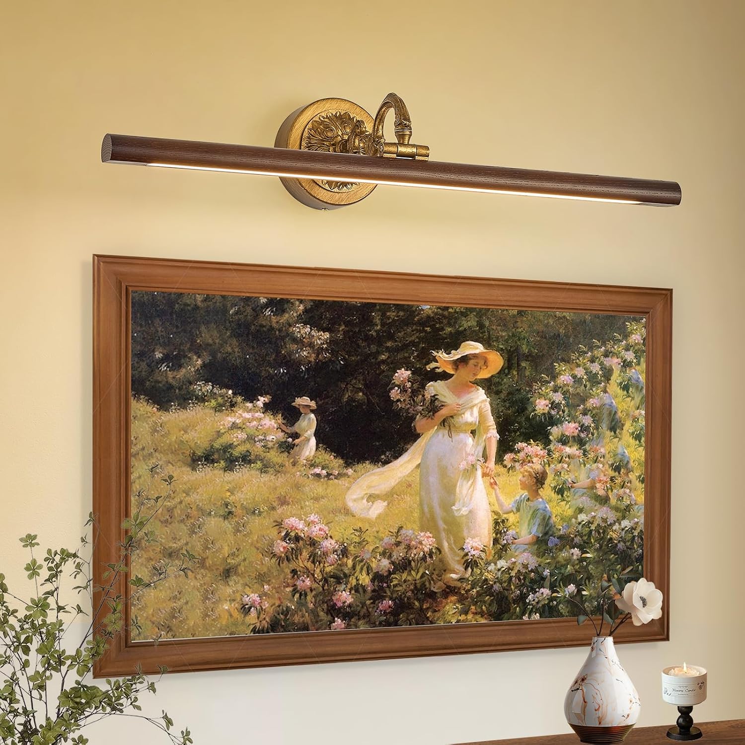 VitaLink Picture Lights for Wall, Remote Control Hardwired Artwork Picture Lighs 27.5” Long Retro Gold Wall Paintings Display Lighting Swing Arms Wooden Wall Lamp Bathroom Vanity Light Dimmable