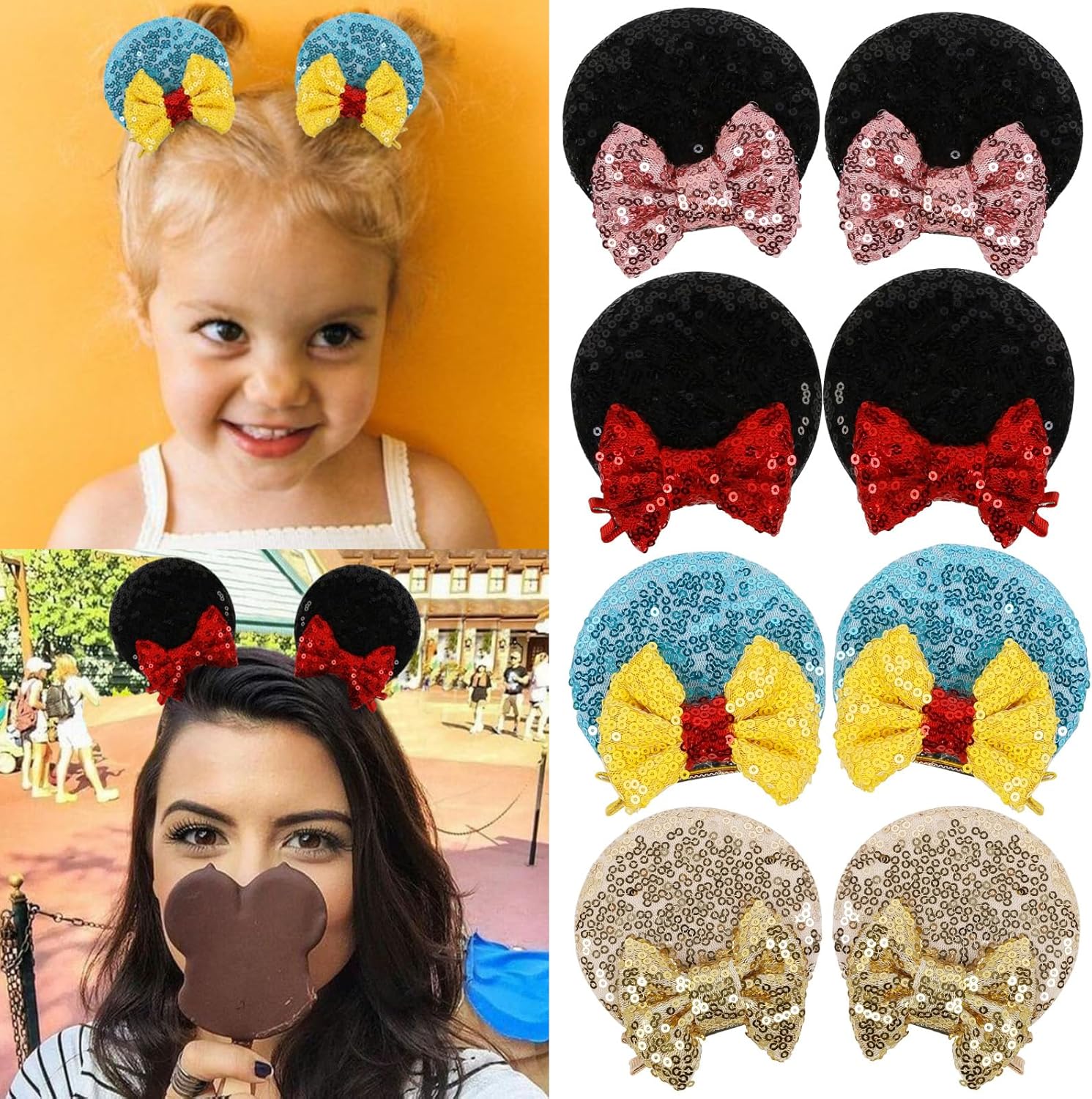 Tobeffect Mouse Ears Hair Bows Clips Glitter Mice Ears Pack Cute Hair Bow Hair Accessories for Women Costume Birthday Party Favor Vacation Halloween Christmas Decoration