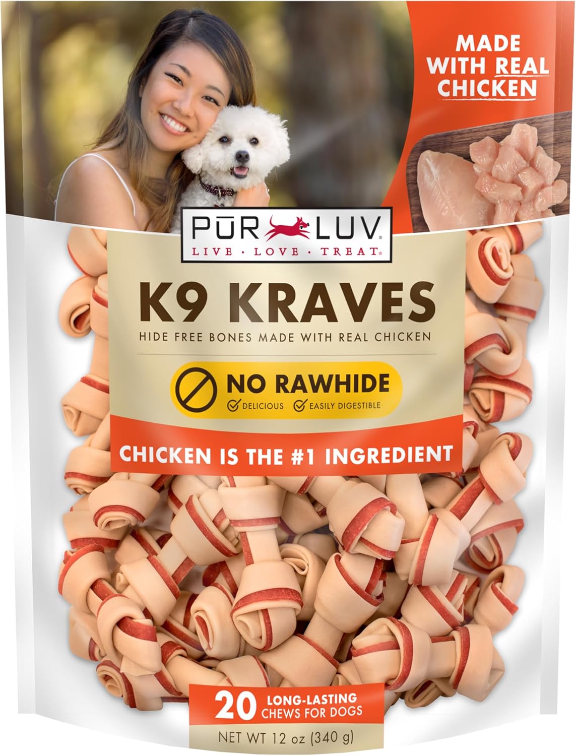 Pur Luv Dog Treats, K9 Kraves Rawhide Free Bone Dog Treat, Chicken Flavor, Made with Real Chicken, 20 Count, Healthy, Easily Digestible, Long-Lasting, High Protein, Satisfies Dog's Urge to Chew