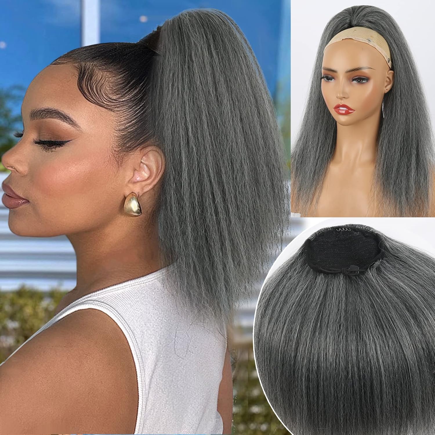 LEOSA Salt and Pepper Drawstring Ponytail for Black Women, Grey Ponytail Extension Short Kinky Straight Ponytail Drawstring Yaki Clip On Ponytail for Women
